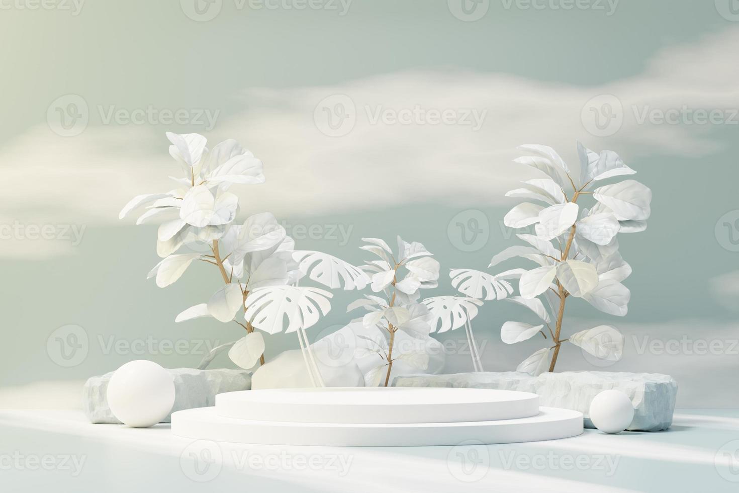3d render of abstract pedestal podium display with Tropical leaves and Blue sky clouds pastel and plant scene. Product and promotion concept for advertising. Blue pastel natural background. photo