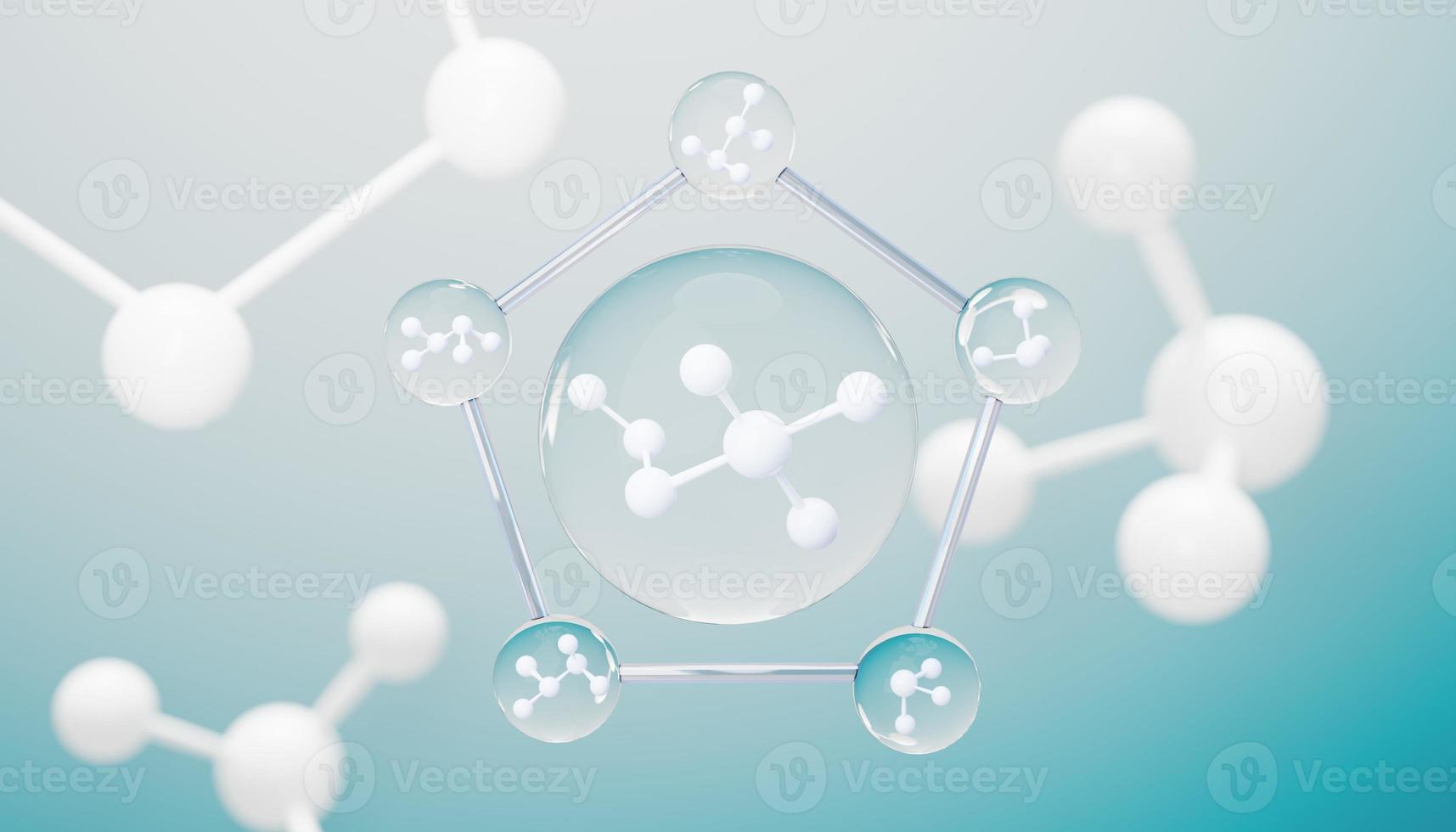 3d render of simple chemical bond in side cell or molecules. The associated of atoms, ions, bond and molecules. Liquid drop bubble background. Covalent bond. Biochemical interaction. photo