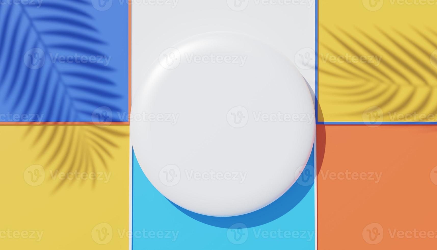 3d render top view of white blank cylinder frame for mock up and display products with shadows of palm leaves, earth tone, and pastel wall background. Creative idea concept. Widow shadow. photo