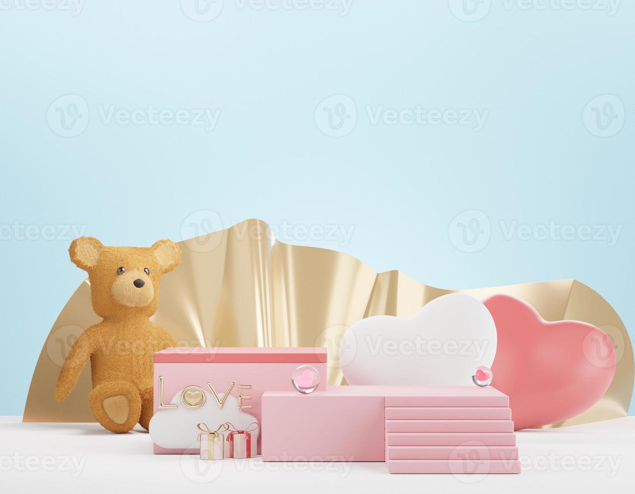 3d rendering of minimal scene of blank podium with Valentine's Day theme. Display stand for product presentation mock up. Cylinder stage in sweet lovely pink color with simple design. photo