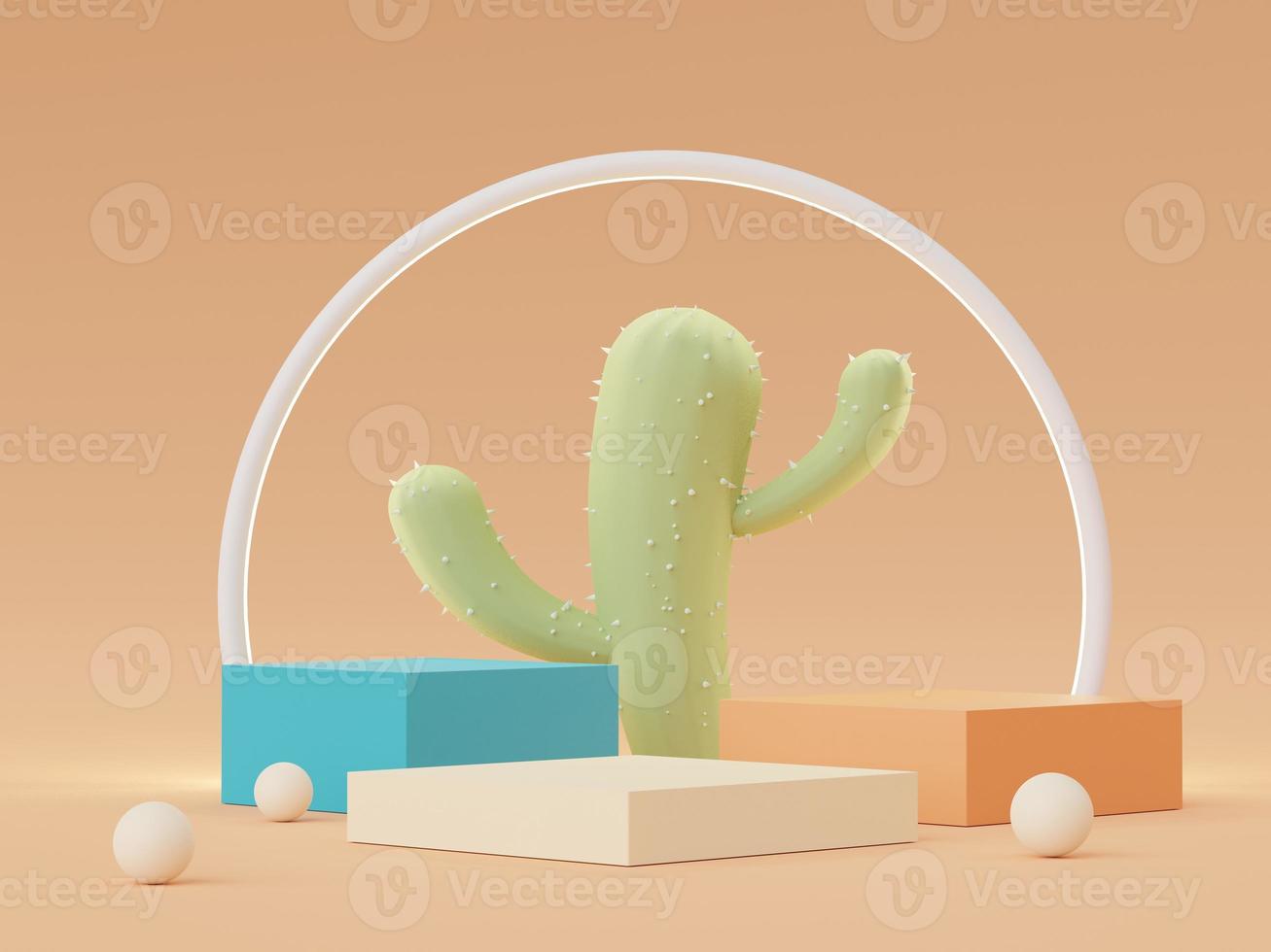 3d render of Abstract minimal  display podium for showing products, cosmetic presentation and mock up. Showcase scene with pastel earth tone background. Illuminated simple geometric shapes. photo