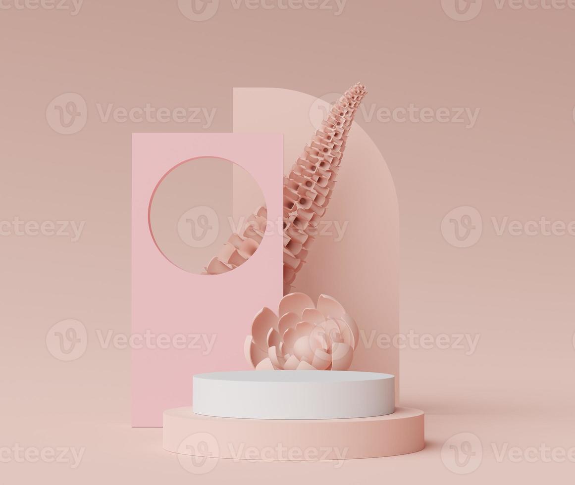 3d render of Abstract minimal  display podium for showing products, cosmetic presentation and mock up with Cactus trees. Showcase scene with pastel earth tone and tropical environment background. photo