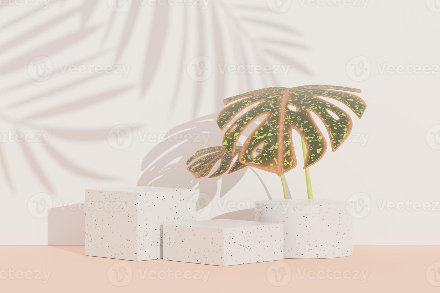 3d render of abstract pedestal podium display with terrazzo and Monstera leaves. Product and promotion concept for advertising. Green natural background. photo
