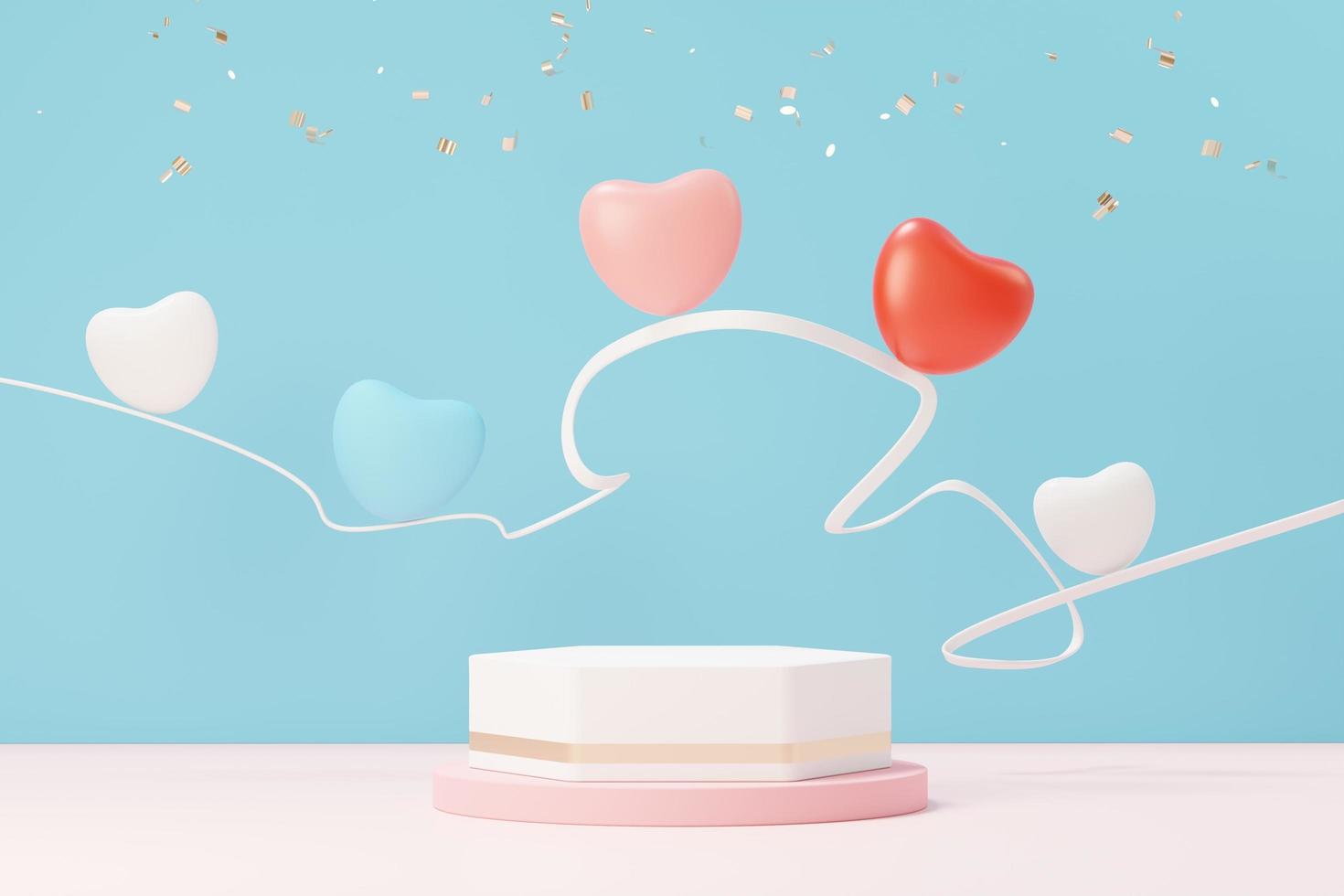 3d render minimal sweet scene with display podium for mock up and product brand presentation. Pink Pedestal stand for Valentine's Day's theme. Cute lovely heart background. Love day's design style. photo