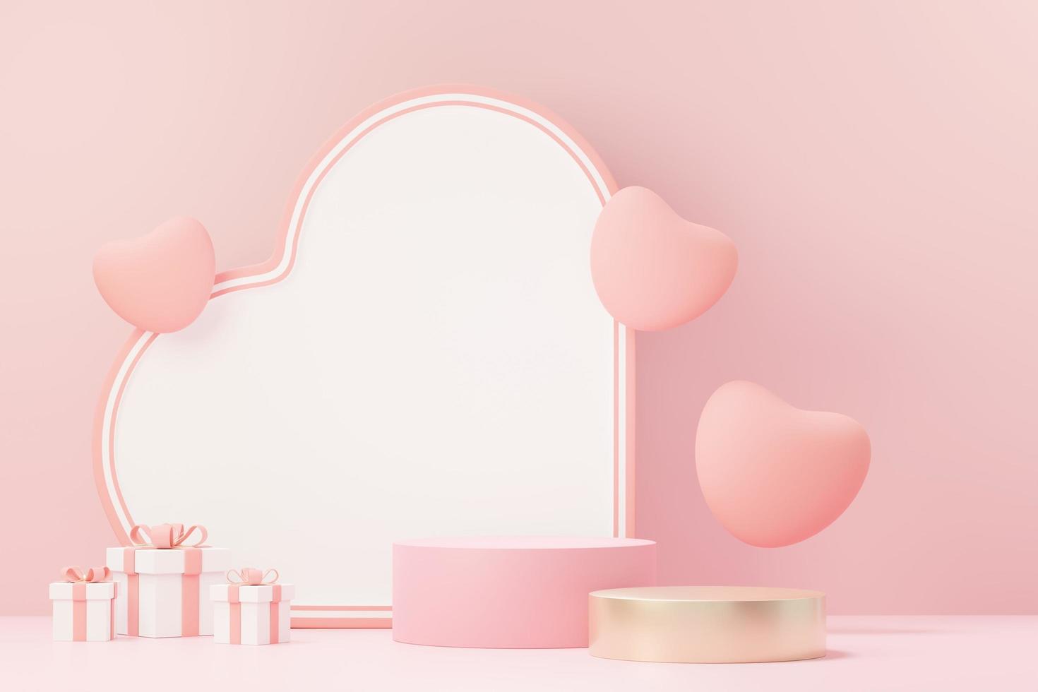 3d render minimal sweet scene with display podium for mock up and product brand presentation. Pink Pedestal stand for Valentine's Day's theme. Cute lovely heart background. Love day's design style. photo