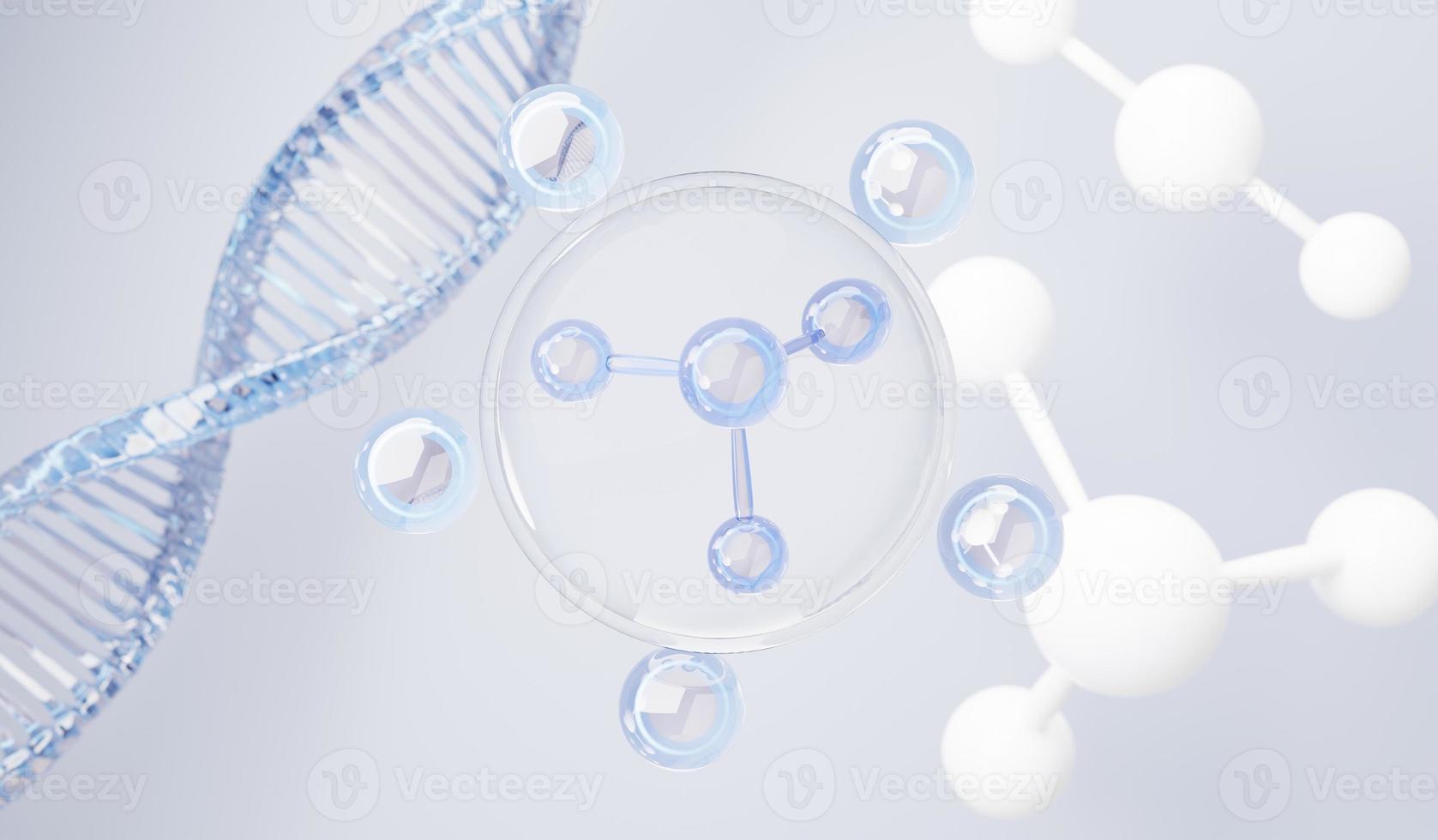 3d render of simple chemical bond in side cell or molecules. The associated of atoms, ions, bond and molecules. Liquid drop bubble background. Covalent bond. Biochemical interaction. photo