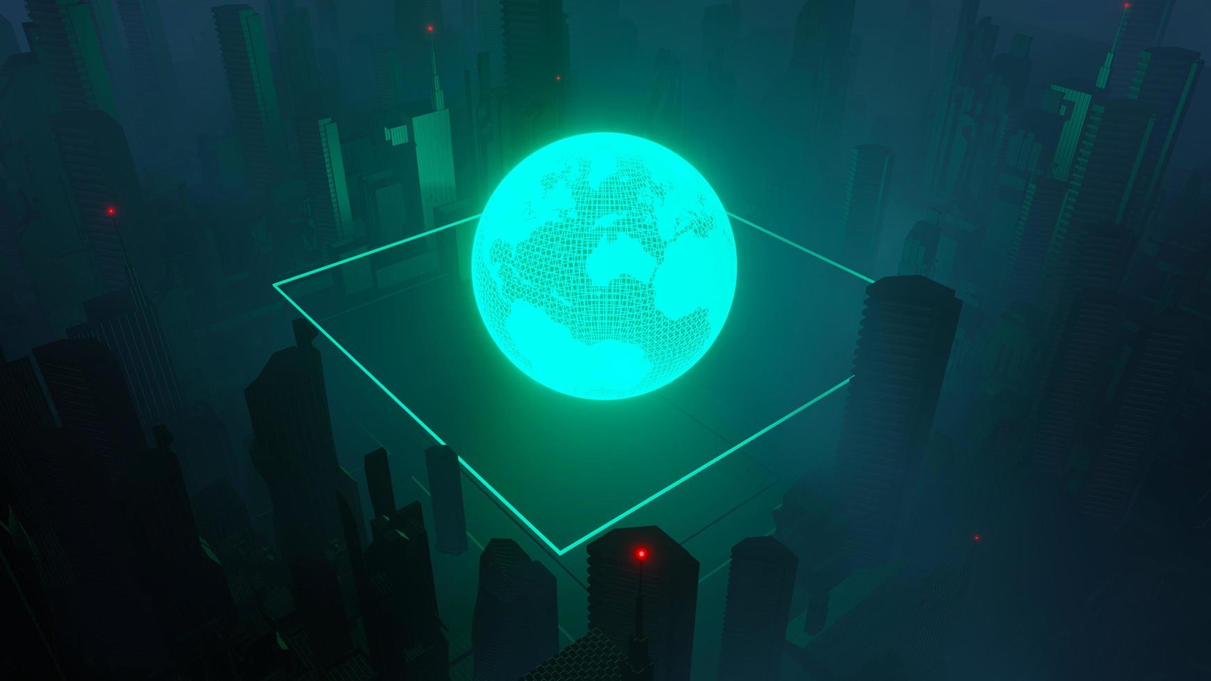 3d render of Cyber punk night city landscape concept. Light glowing on dark scene. Night life. Technology network for 5g. Beyond generation and futuristic of Sci-Fi Capital city and building scene. photo