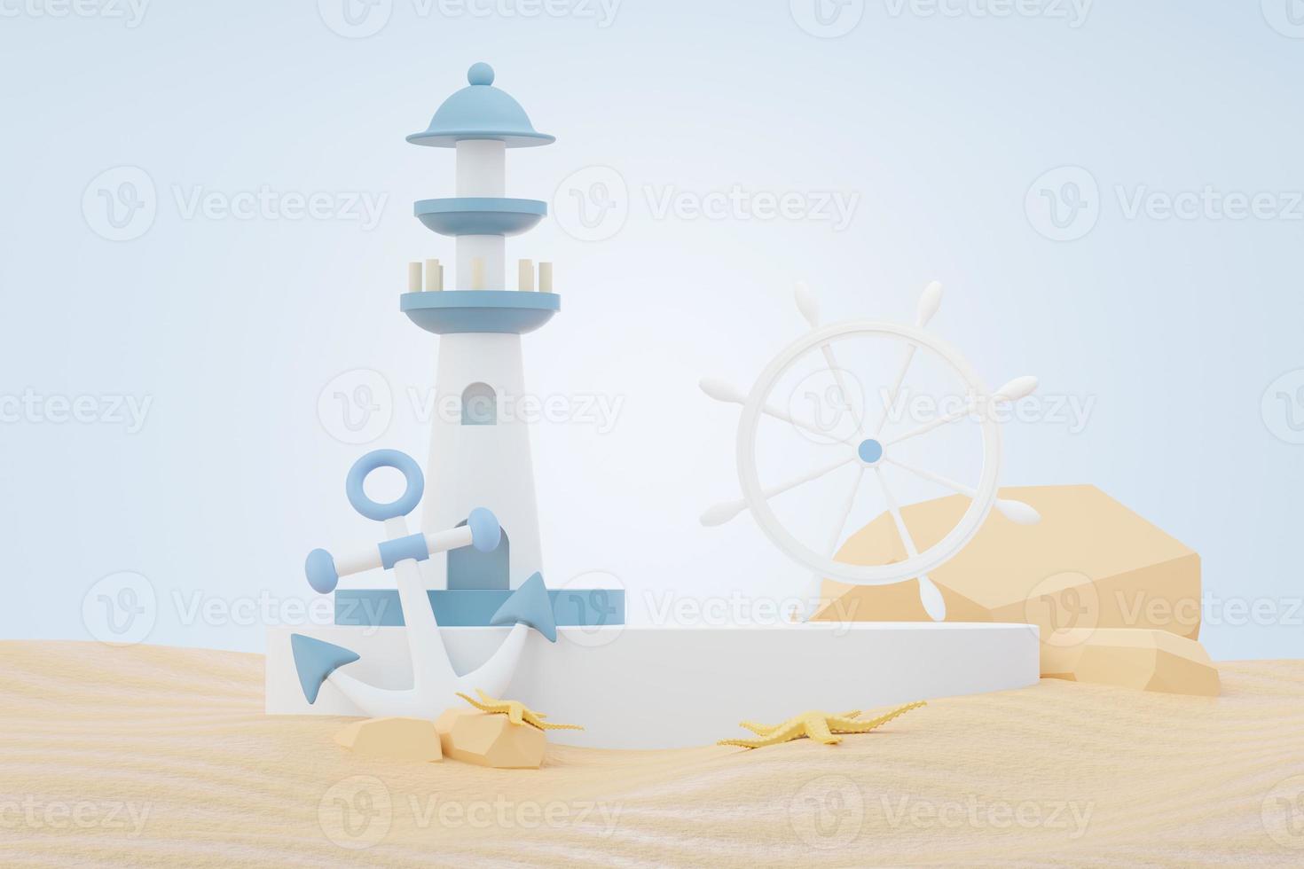 3d render Summer sale podium stand for showing product. Beach Vacations Scene in Summer for mock up. photo