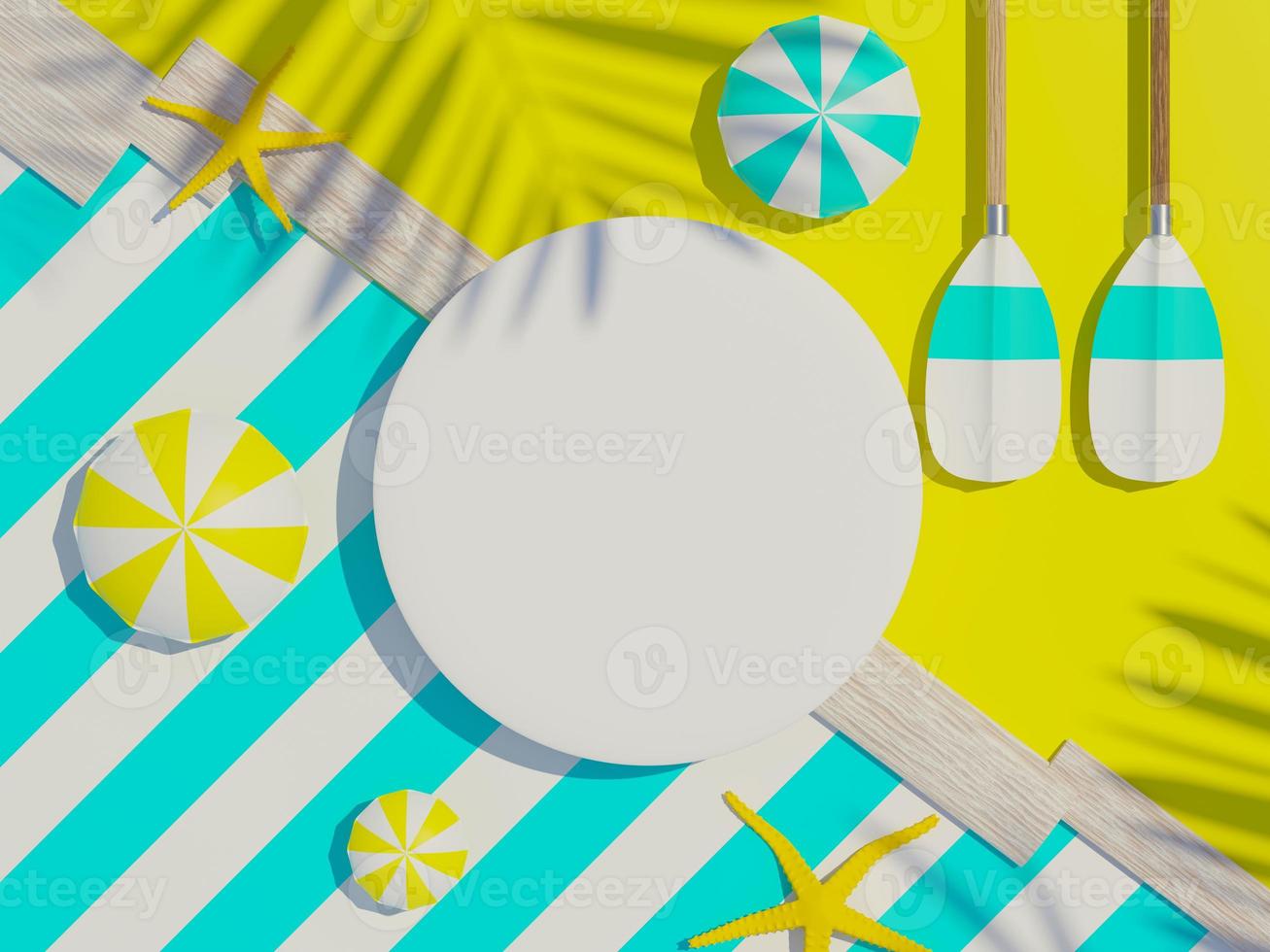 3d render top view of white blank cylinder frame for mock up and display products with shadows of palm leaves with summer background. photo