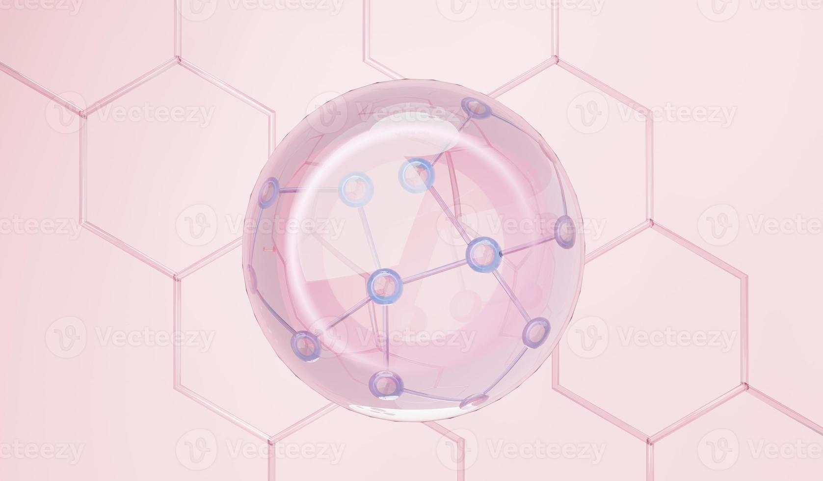 3d render of simple chemical bond in side cell or molecules. The associated of atoms, ions, bond and molecules. Liquid drop bubble background. Covalent bond. Biochemical interaction. photo