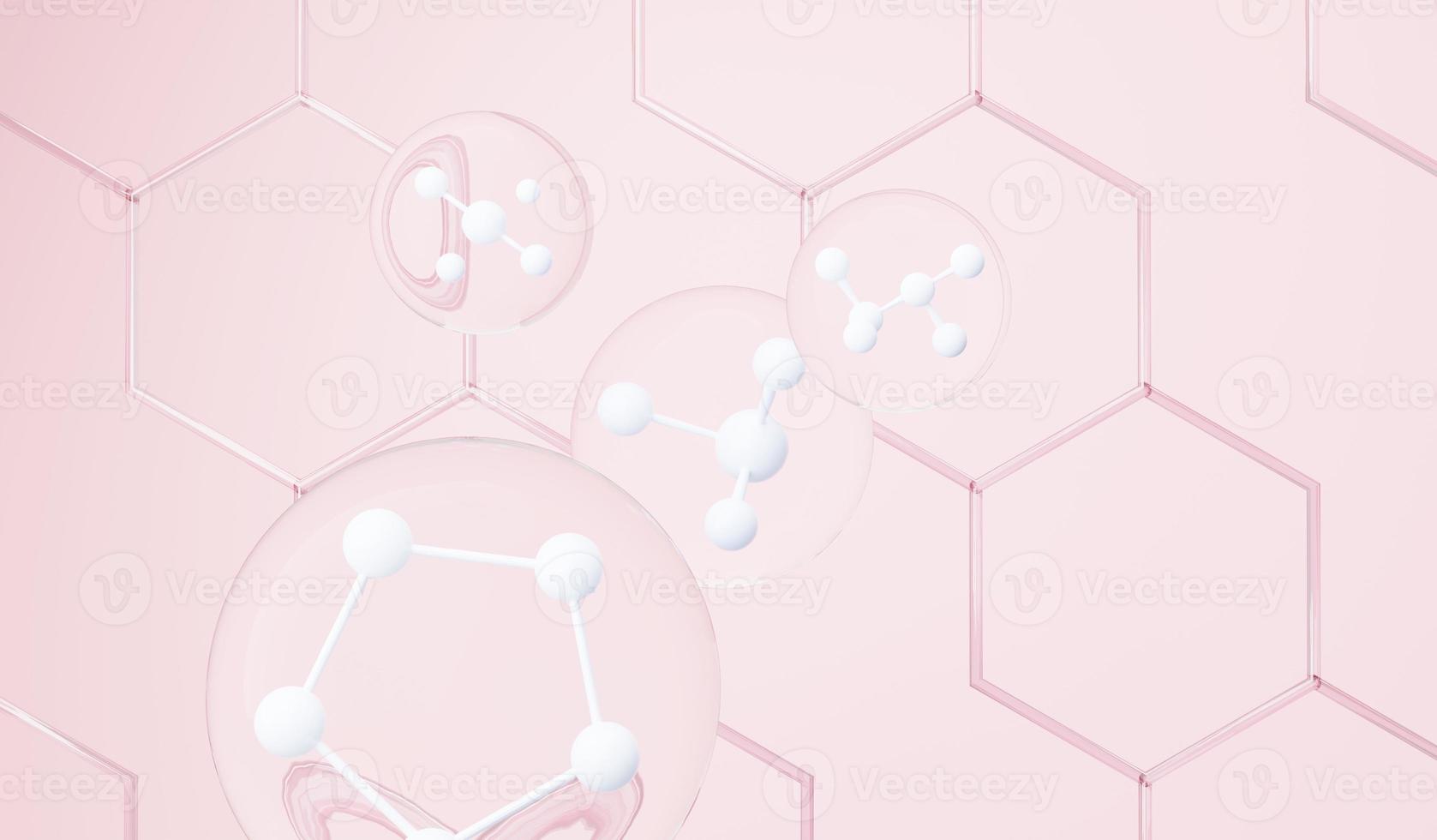3d render of simple chemical bond in side cell or molecules. The associated of atoms, ions, bond and molecules. Liquid drop bubble background. Covalent bond. Biochemical interaction. photo