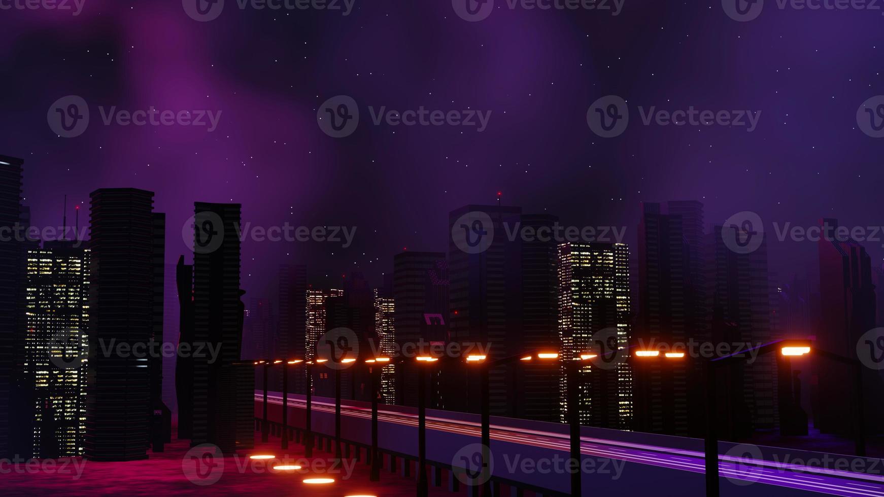 3d render of Cyber punk night city landscape concept. Light glowing on dark scene.  Night life. Technology network for 5g. Beyond generation and futuristic of Sci-Fi Capital city and building scene. photo