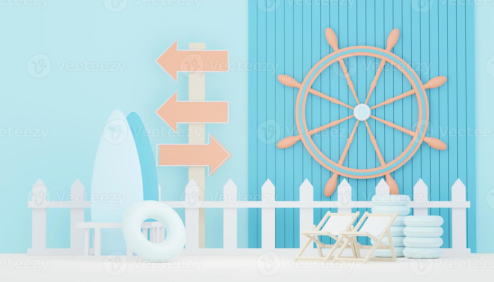 3d render minimal podium background for show and sales products. Hello Summer season scene design concept. Abstract Vacant pedestal for presentation and advertising. Beach Vacations in Summer. photo