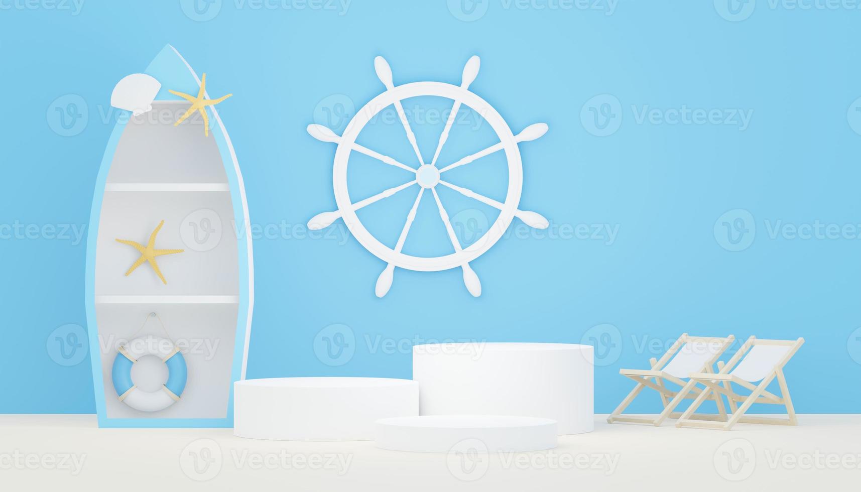3d render Summer sale podium stand for showing product. Beach Vacations Scene in Summer for mock up. photo
