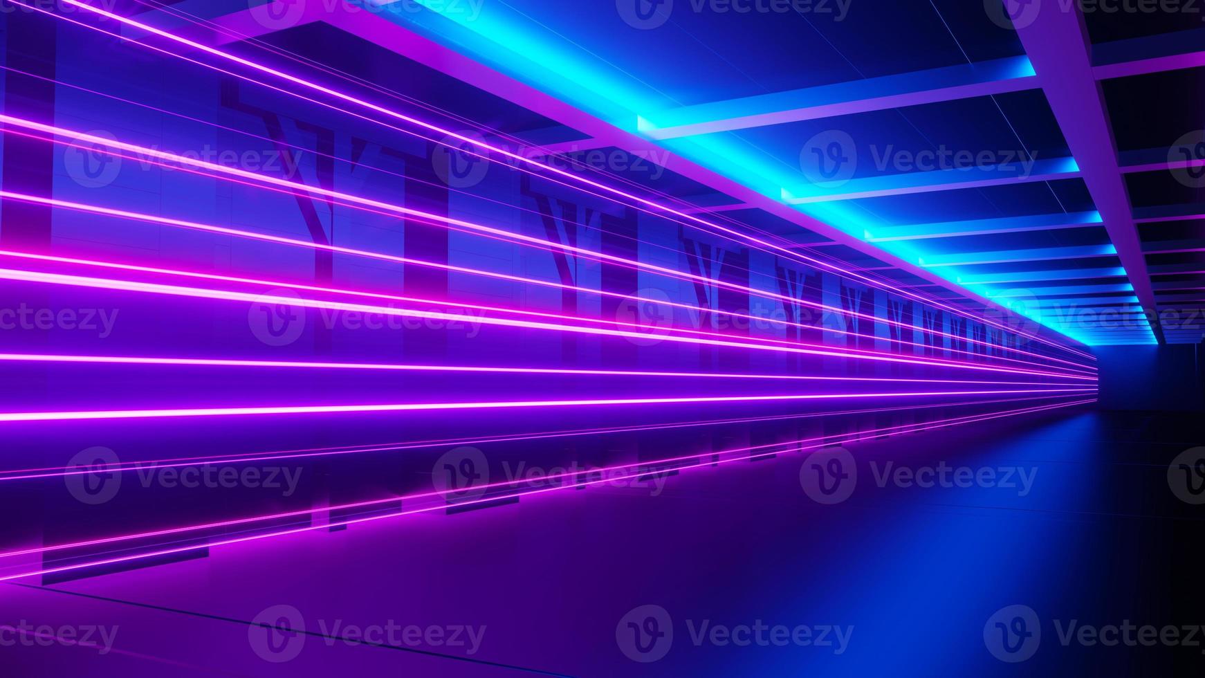 3d render of flash neon and light glowing on dark scene. Speed light moving lines. photo