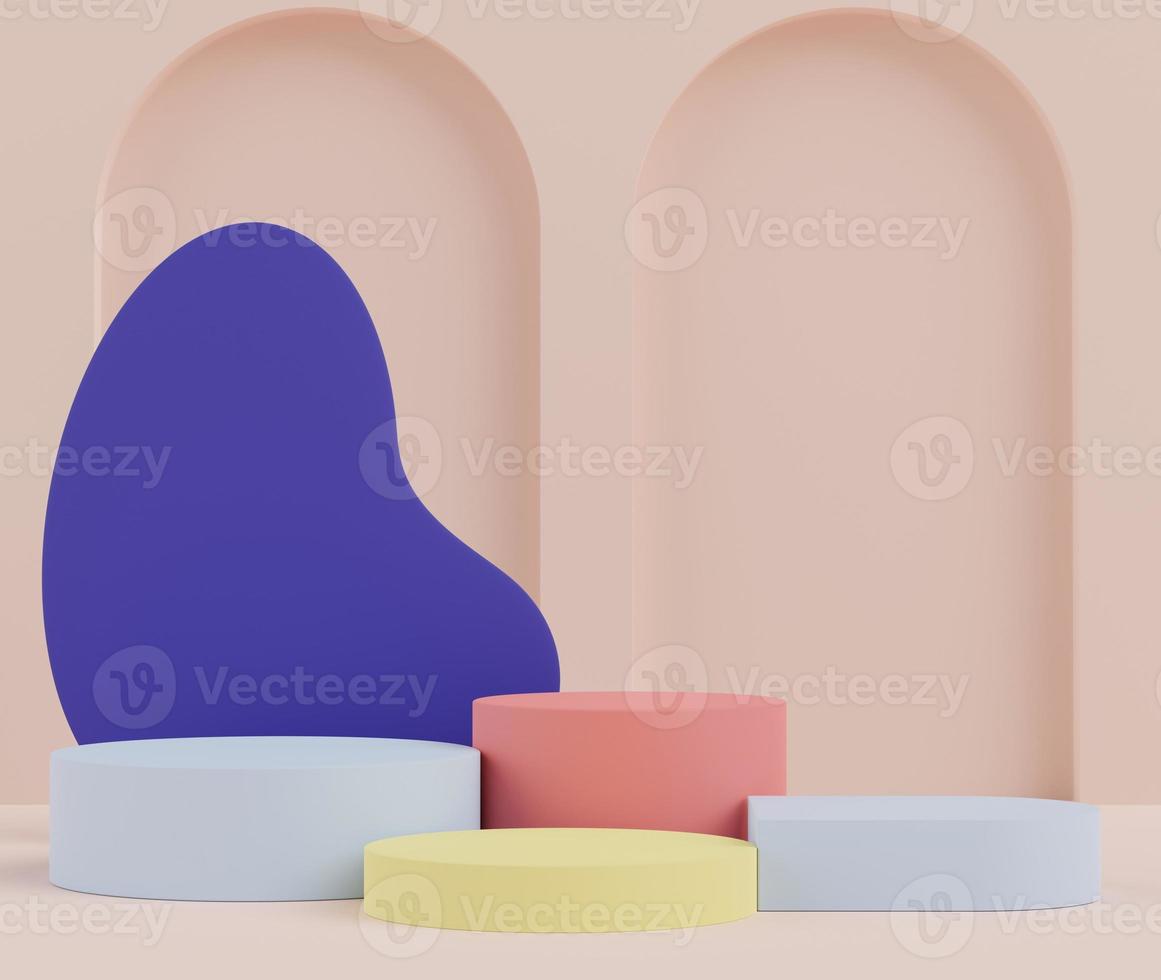 3d render of Abstract minimal  display podium for showing products, cosmetic presentation and mock up. Showcase scene with pastel earth tone background. Illuminated simple geometric shapes. photo