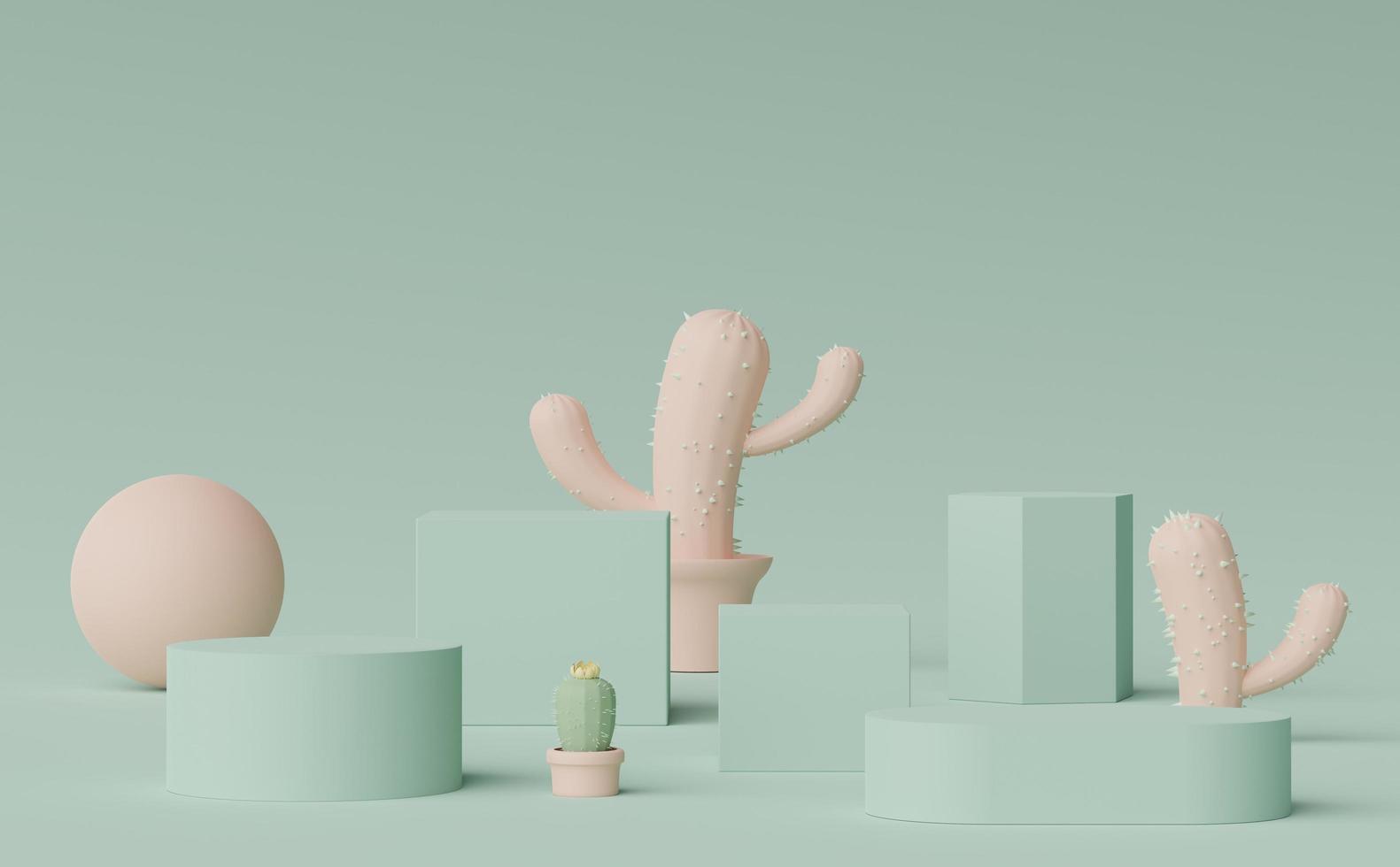 3d render of Abstract minimal  display podium for showing products, cosmetic presentation and mock up with Cactus trees. Showcase scene with pastel earth tone and tropical environment background. photo