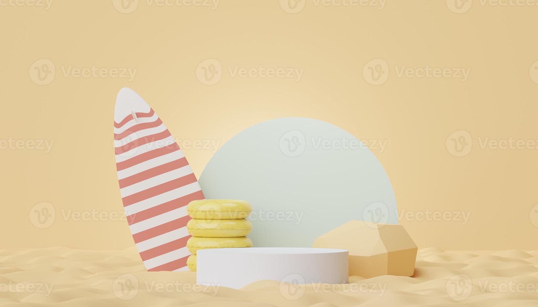 3d podium stand for product presentation with summer concept. Pedestal platform for cosmetic advertising. Minimal summer vacation. photo
