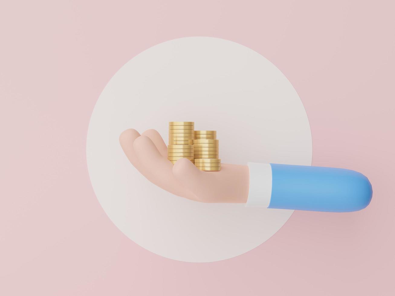 3d render of had holding golden coins stack in saving money for goal Concept. Minimal pastel scene. Growth financial model photo