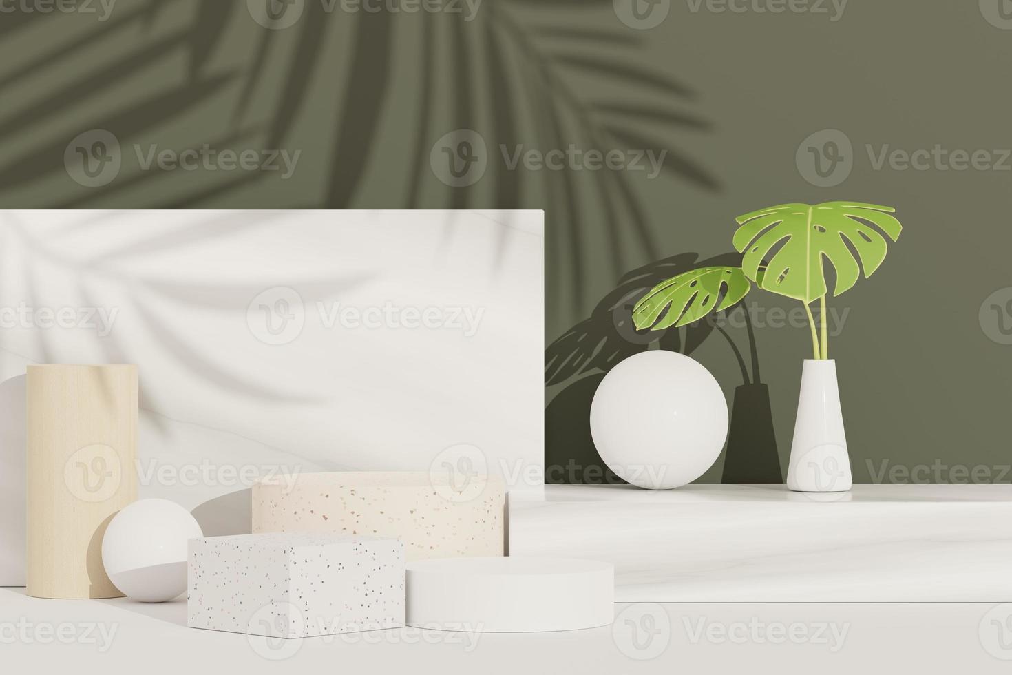 3d render of abstract pedestal podium display with terrazzo and Monstera leaves. Product and promotion concept for advertising. Green natural background. photo