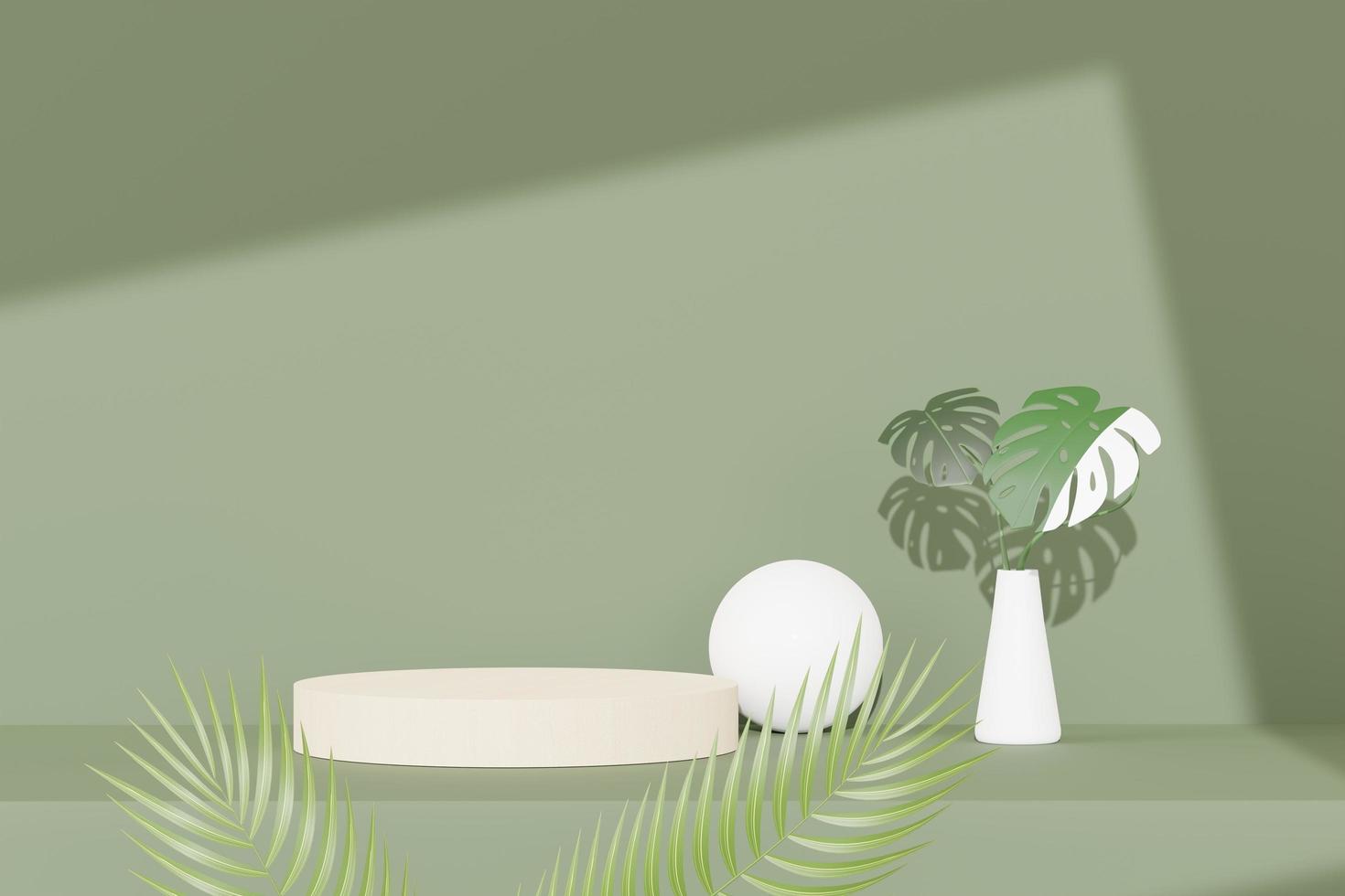 3d render of abstract pedestal podium display with Tropical Monstera leaves. Product and promotion concept for advertising. Green natural background. photo
