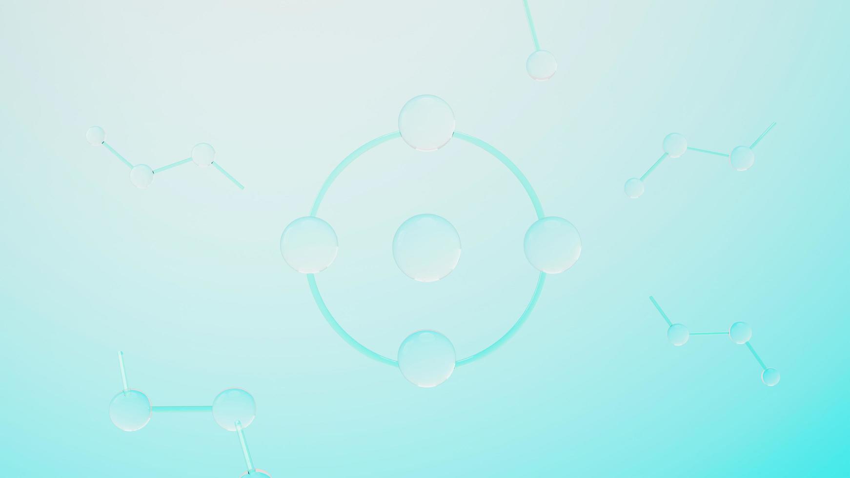 3d render of simple chemical bond in side cell or molecules. The associated of atoms, ions, bond and molecules. Liquid drop bubble background. Covalent bond. Biochemical interaction. photo