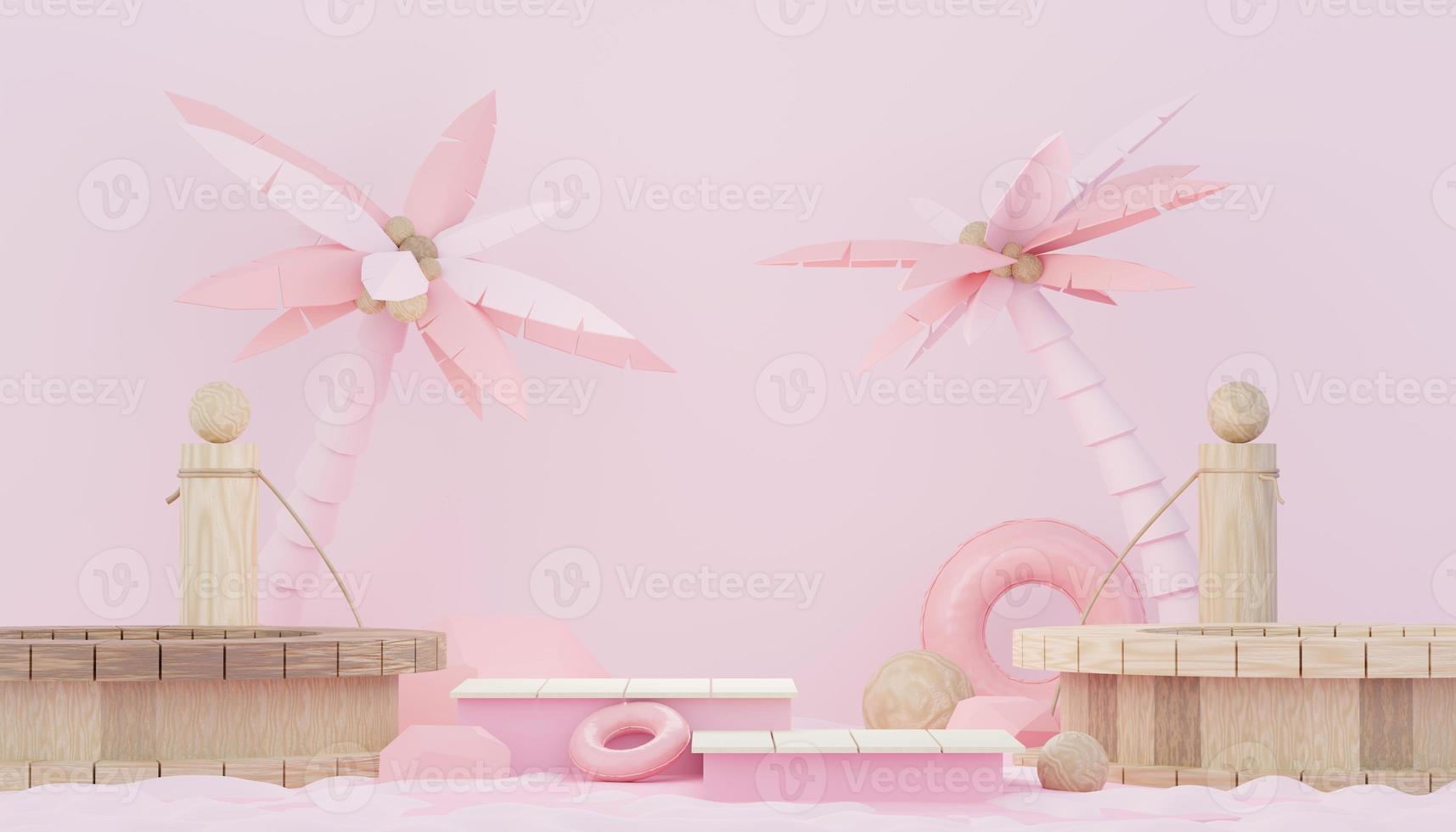 3d render minimal podium background for show and sales products. Hello Summer season scene design concept. Abstract Vacant pedestal for presentation and advertising. Beach Vacations in Summer. photo