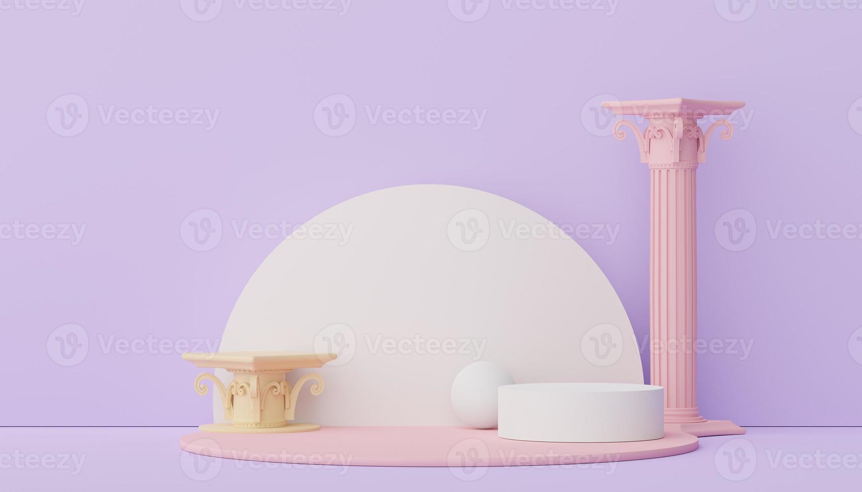 3d render of Abstract minimal  display podium with Greek Ancient baroque pillar background. Pedestal design for mock up and product presentation. Clean pastel color scene. photo