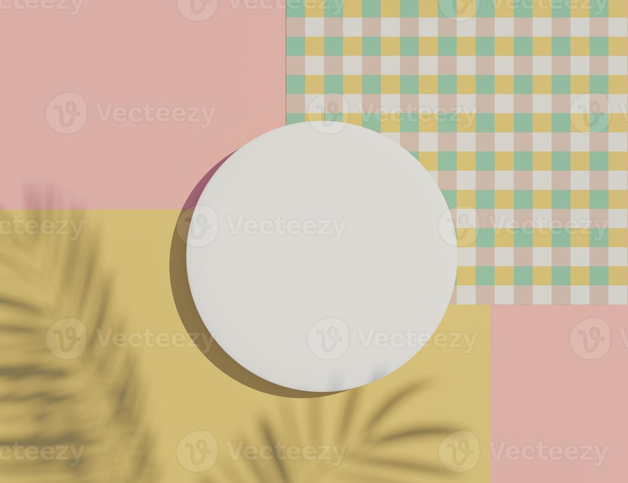 3d render top view of white blank cylinder frame for mock up and display products with shadows of palm leaves and white blue background. photo