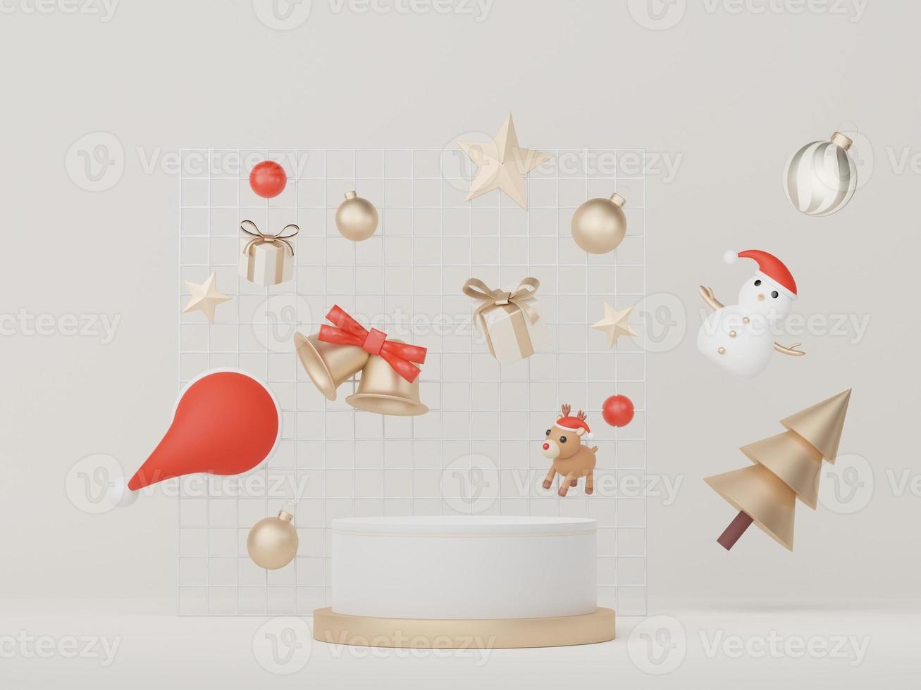 3d Display Podium for product and cosmetic presentation with Merry Christmas and Happy new year concept. Modern geometric. Platform for mock up and showing brand. Minimal clean design. photo
