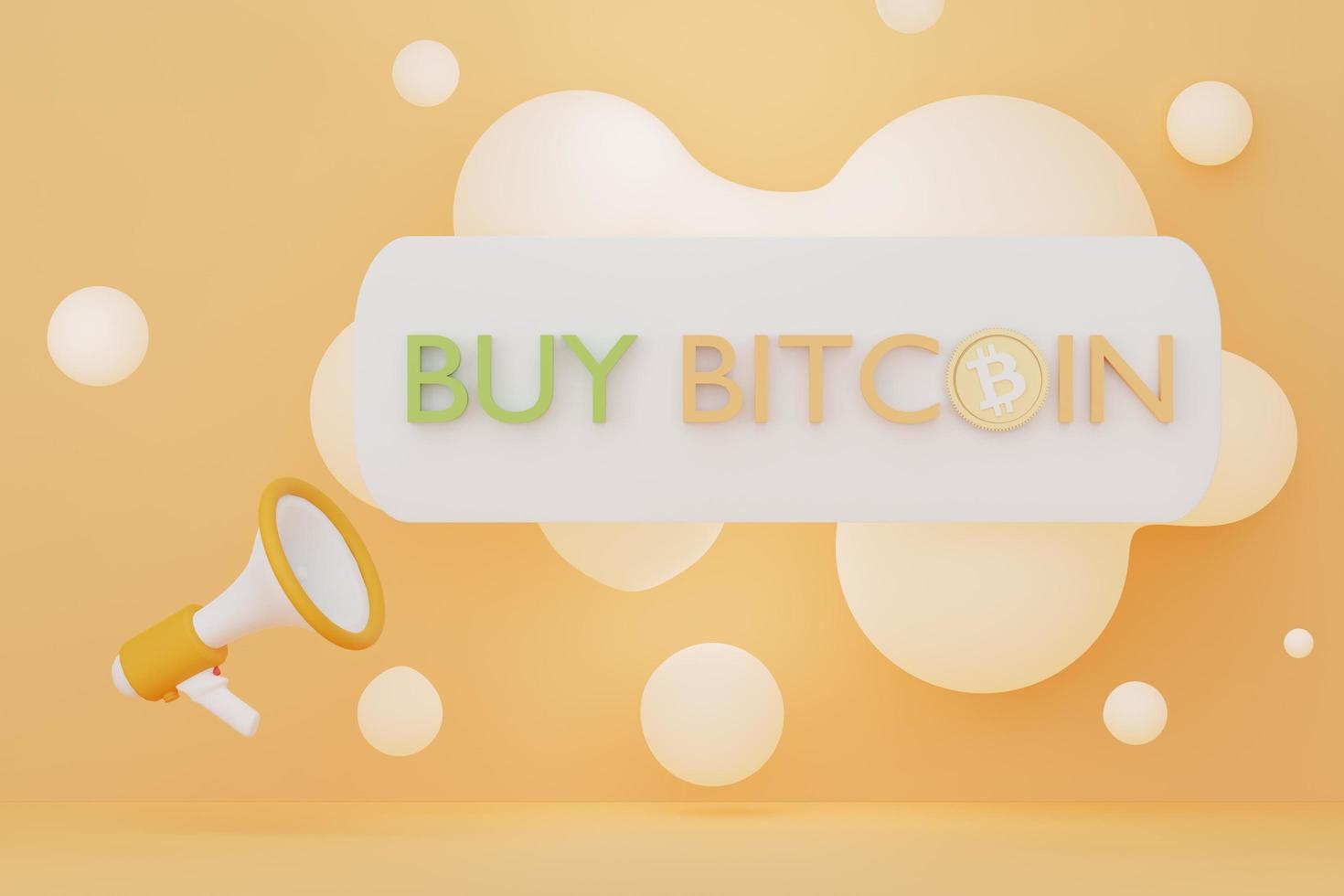 3d render megaphone with application banner for buying bitcoin. Cryptocurrency transactions on network of blockchains. photo