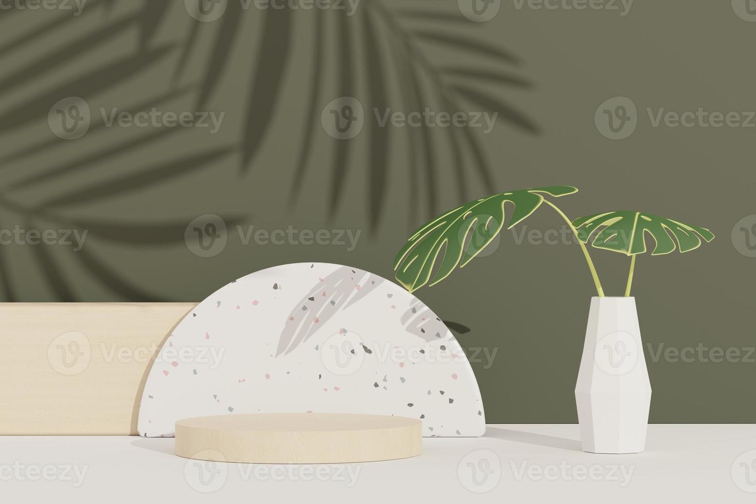 3d render of abstract pedestal podium display with terrazzo and Monstera leaves. Product and promotion concept for advertising. Green natural background. photo