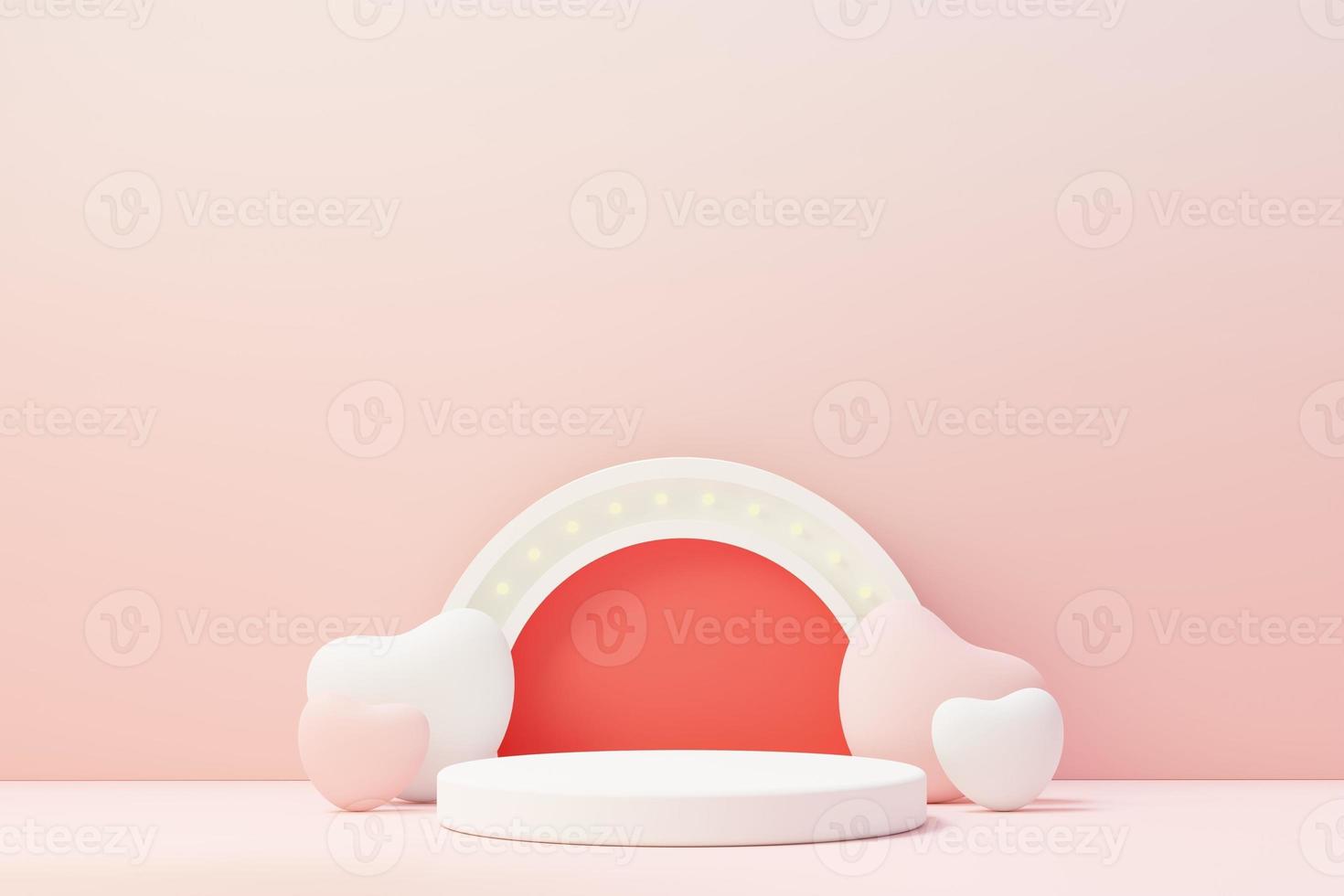 3d render minimal sweet scene with display podium for mock up and product brand presentation. Pink Pedestal stand for Valentine's Day's theme. Cute lovely heart background. Love day's design style. photo