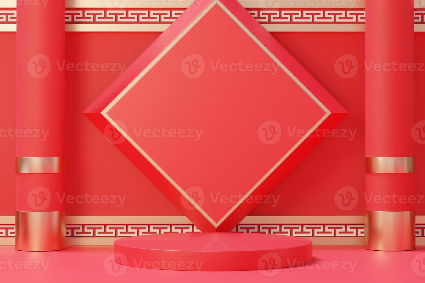 3d rendering of minimal scene of blank podium with Chinese lunar new year theme. Display stand for product presentation mock up. Chinese traditional texture. photo
