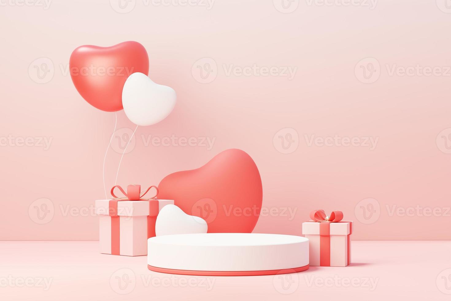 3d render minimal sweet scene with display podium for mock up and product brand presentation. Pink Pedestal stand for Valentine's Day's theme. Cute lovely heart background. Love day's design style. photo