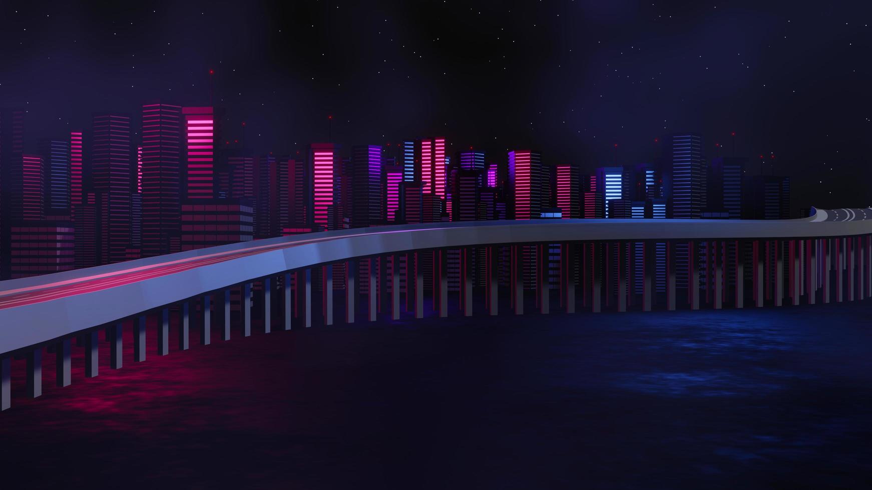 3d render of Cyber punk night city landscape concept. Light glowing on dark scene.  Night life. Technology network for 5g. Beyond generation and futuristic of Sci-Fi Capital city and building scene. photo