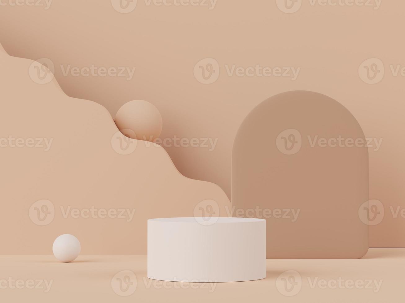 3d rendering of pastel minimal scene of white blank podium with earth tones theme. Muted saturated color. Simple geometric shapes design. photo