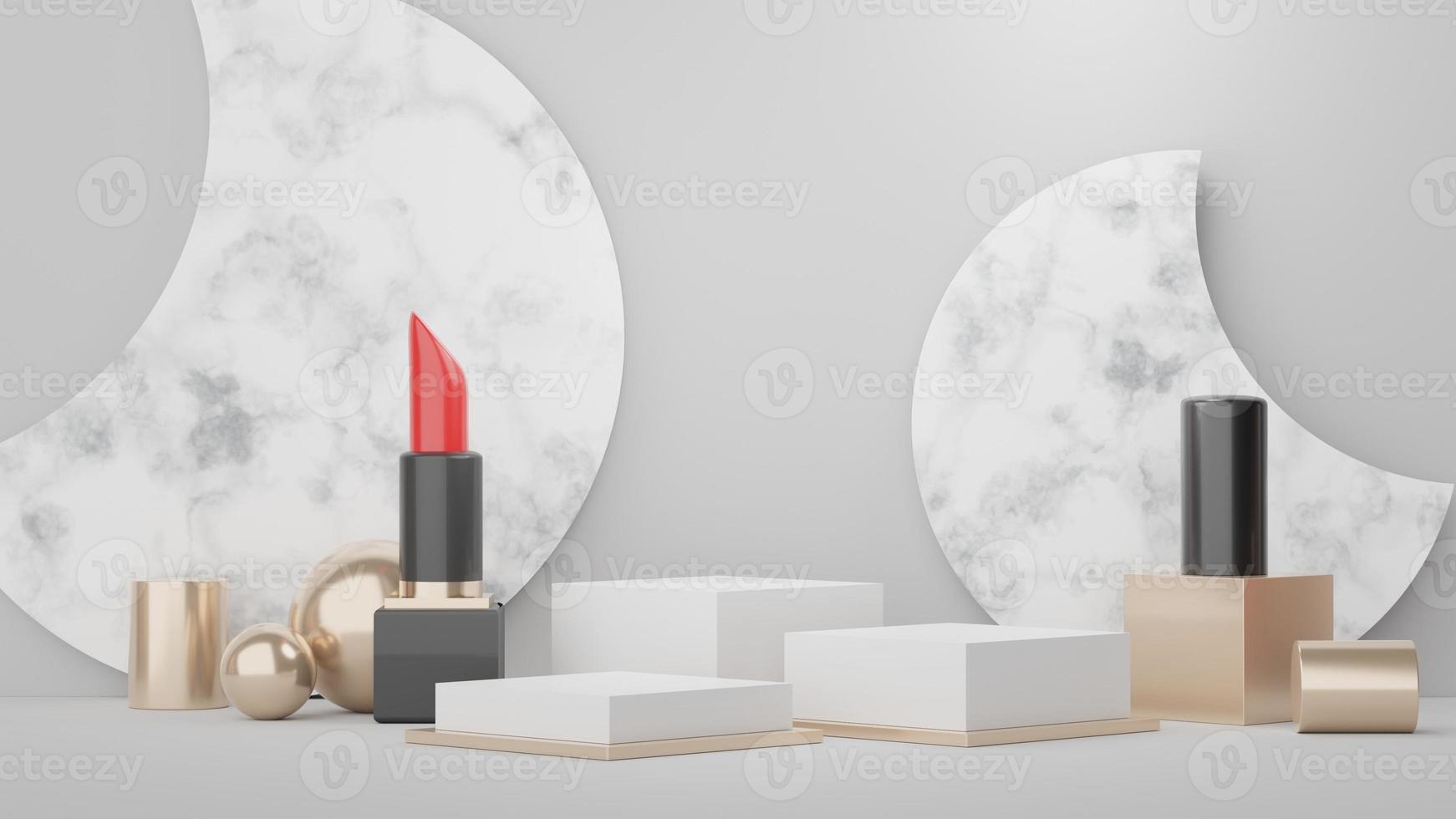 3d Display Podium for product and cosmetic presentation with lipstick and modern geometric. Platform for mock up and showing brand. Minimal clean design. photo