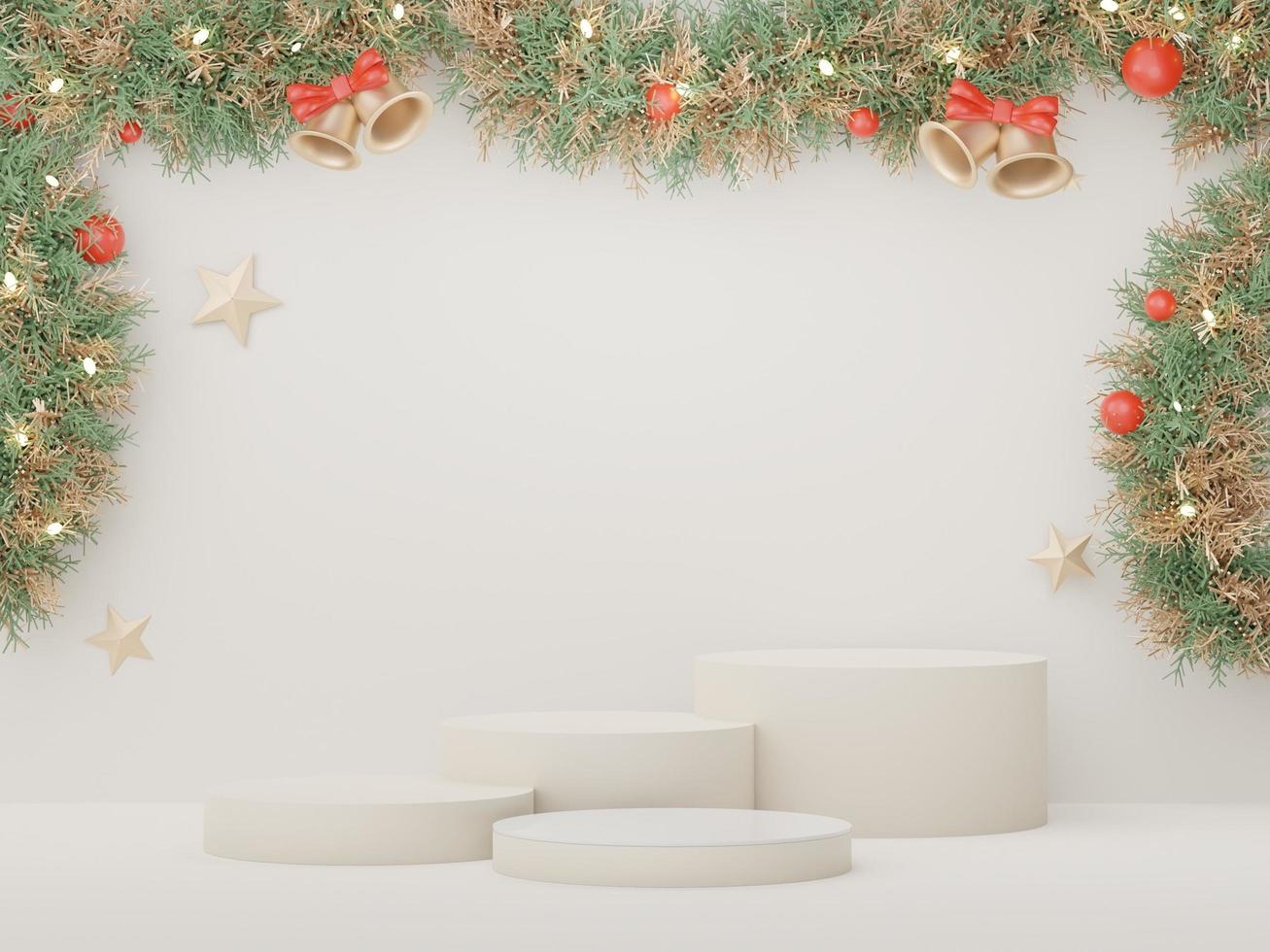 3d Display Podium for product and cosmetic presentation with Merry Christmas and Happy new year concept. Modern geometric. Platform for mock up and showing brand. Minimal clean design. photo