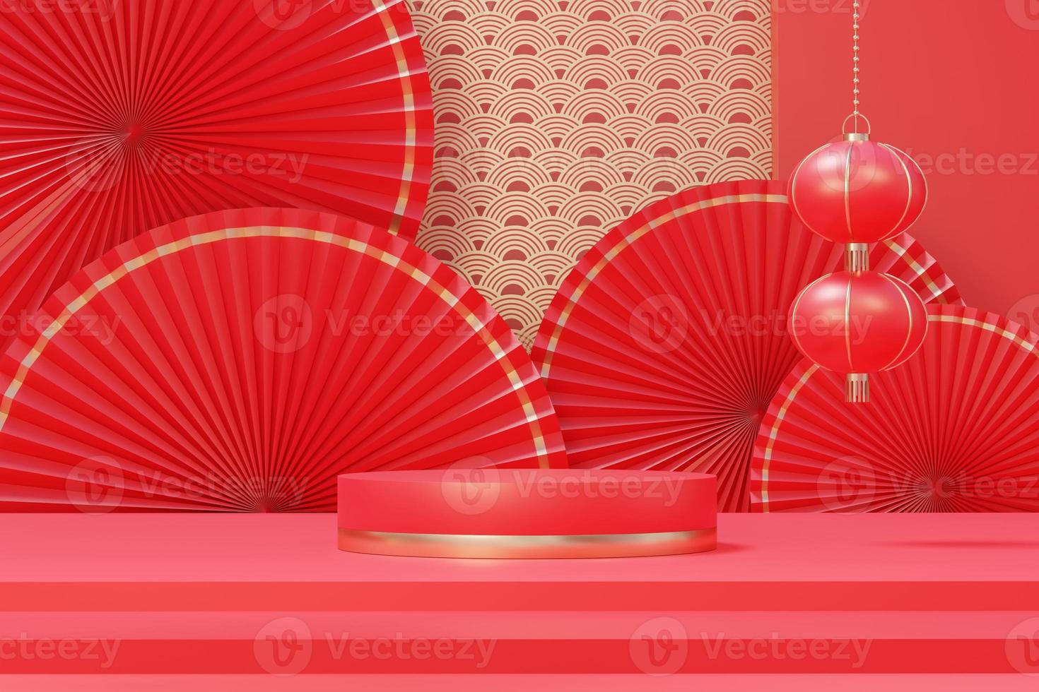 3d rendering of minimal scene of blank podium with Chinese lunar new year theme. Display stand for product presentation mock up. Chinese traditional texture. photo