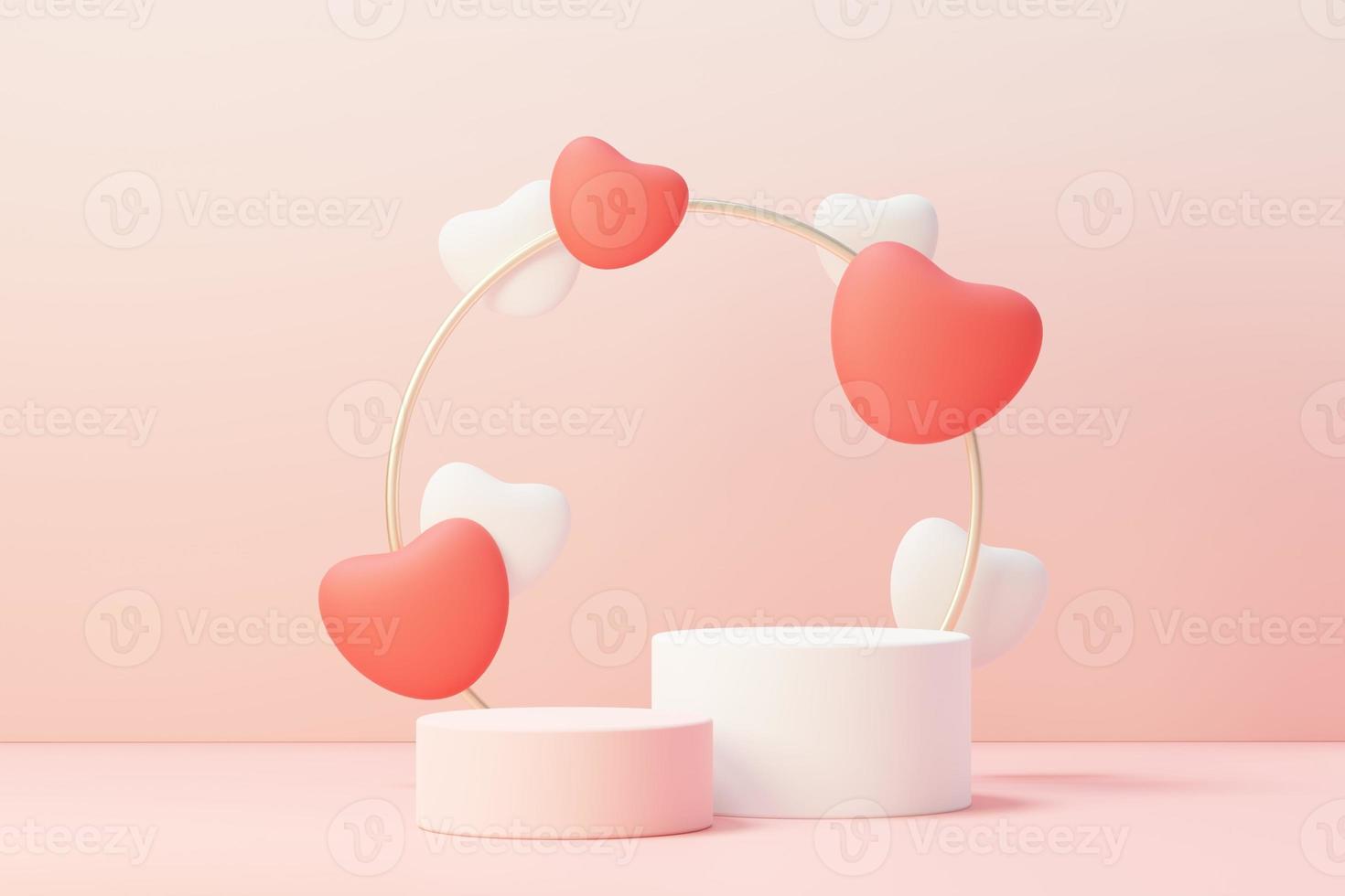 3d render minimal sweet scene with display podium for mock up and product brand presentation. Pink Pedestal stand for Valentine's Day's theme. Cute lovely heart background. Love day's design style. photo