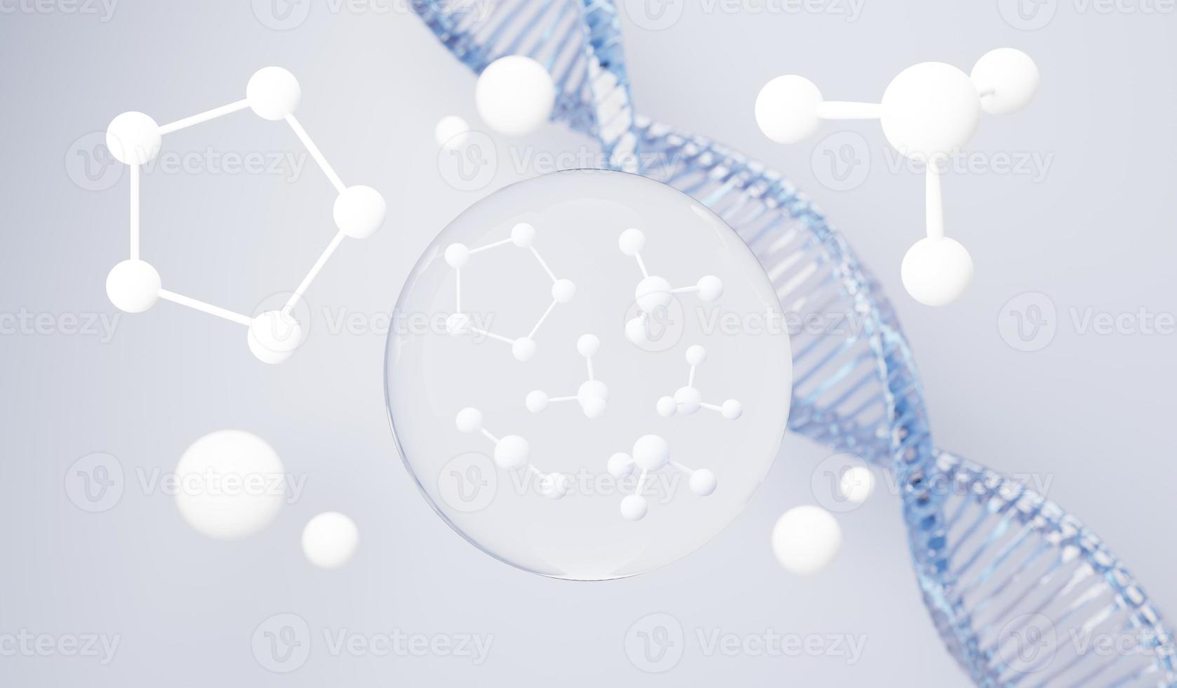 3d render of simple chemical bond in side cell or molecules. The associated of atoms, ions, bond and molecules. Liquid drop bubble background. Covalent bond. Biochemical interaction. photo