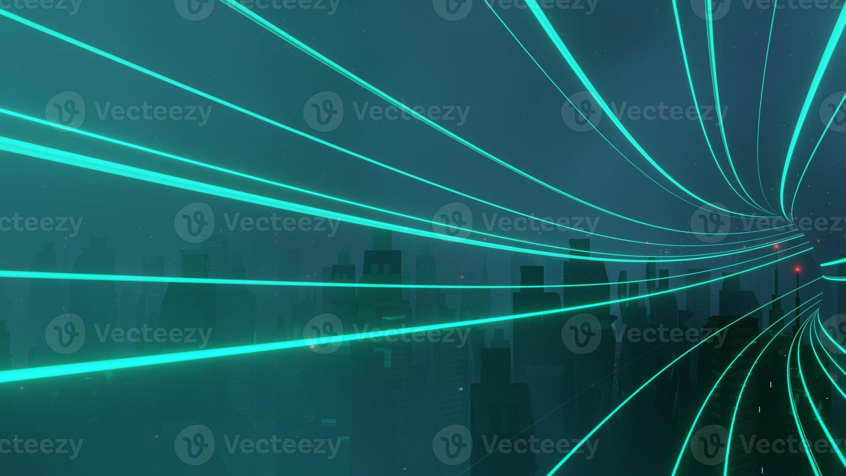 3d render of Cyber punk night city landscape concept. Light glowing on dark scene. Night life. Technology network for 5g. Beyond generation and futuristic of Sci-Fi Capital city and building scene. photo