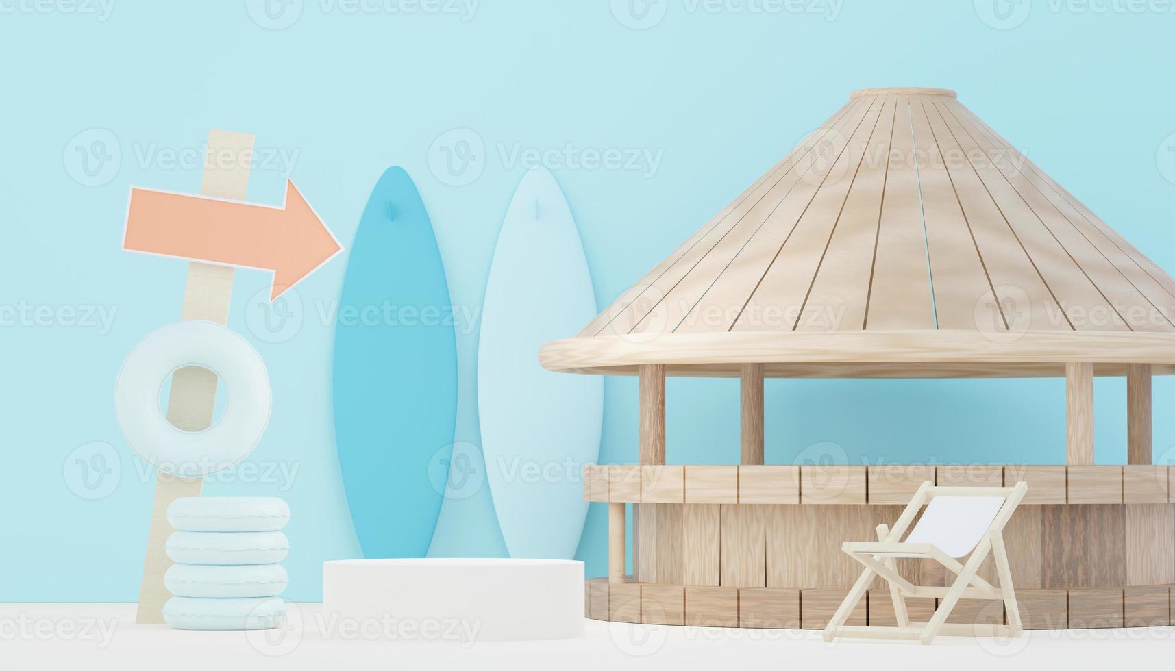 3d render minimal podium background for show and sales products. Hello Summer season scene design concept. Abstract Vacant pedestal for presentation and advertising. Beach Vacations in Summer. photo