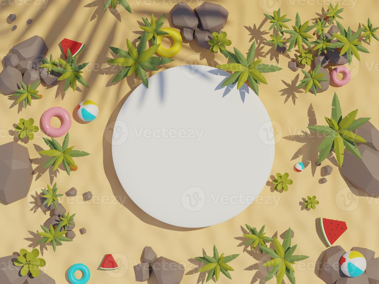 3d render top view of white blank cylinder frame for mock up and display products with summer beach scene and shadow of palm leaves. Summer time season background. photo