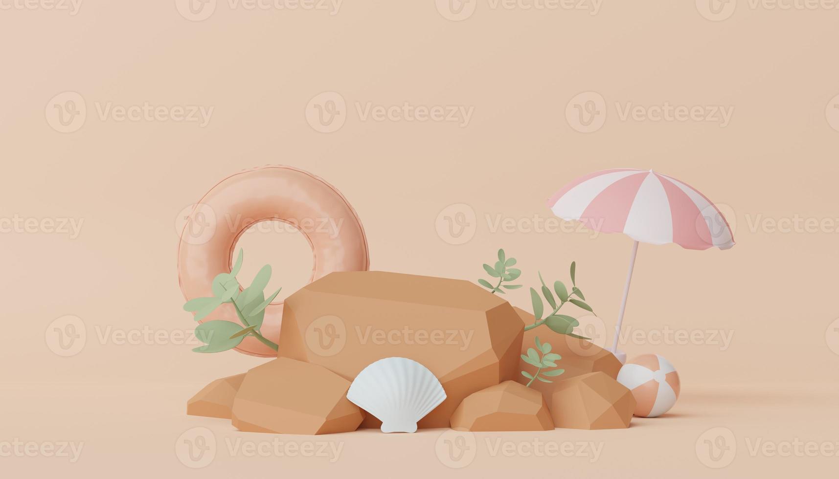 3d render of minimal display podium with summer season background concept. Minimalist pedestal for web banner and mock up. photo