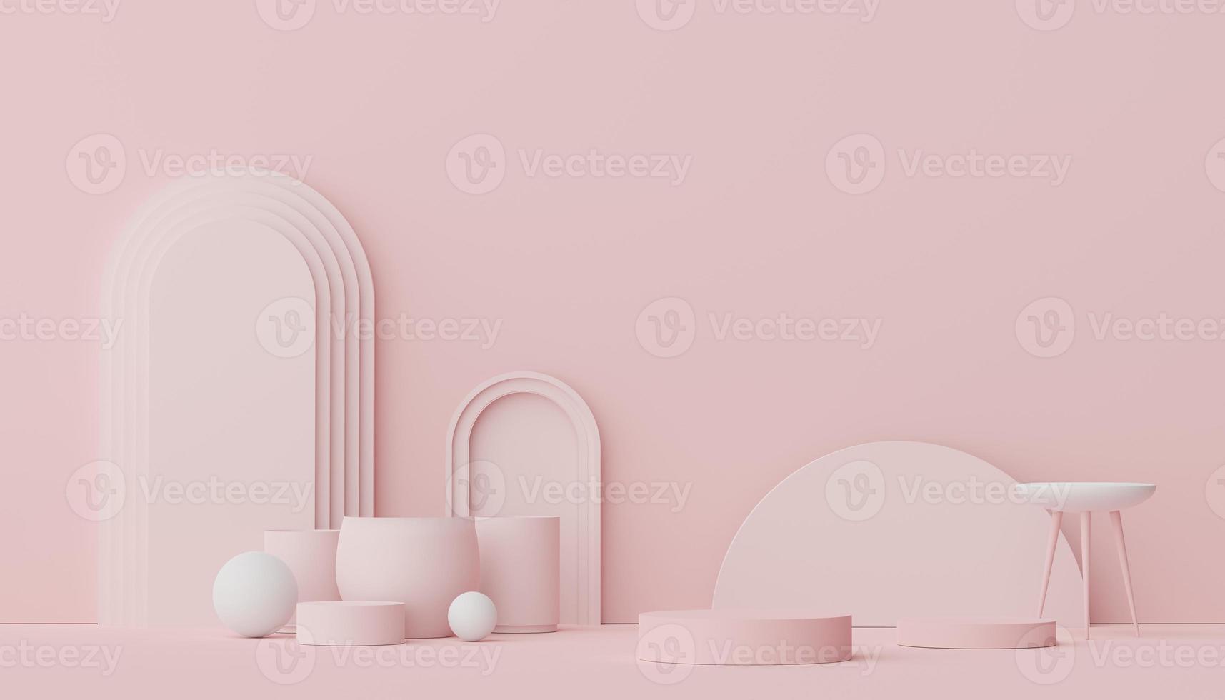 3d render of Abstract minimal  display podium for showing products, cosmetic presentation and mock up. Showcase scene with pastel earth tone background. Illuminated simple geometric shapes. photo