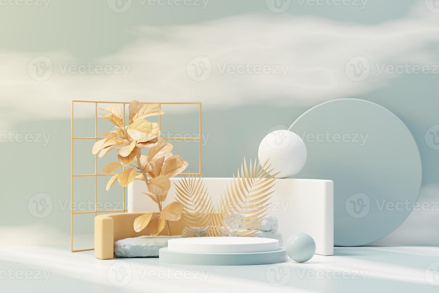 3d render of abstract pedestal podium display with Tropical leaves and Blue sky clouds pastel and plant scene. Product and promotion concept for advertising. Blue pastel natural background. photo