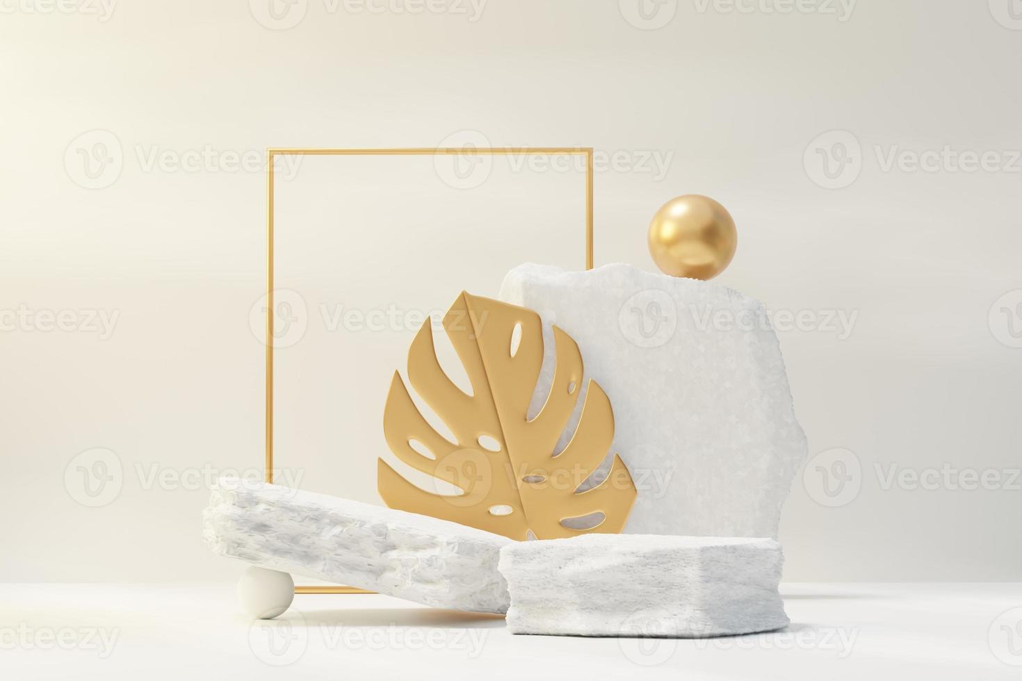 3d render of rock podium display with Tropical nature scene. Product and promotion concept for advertising. Abstract Stone pedestal for presentation objects. photo