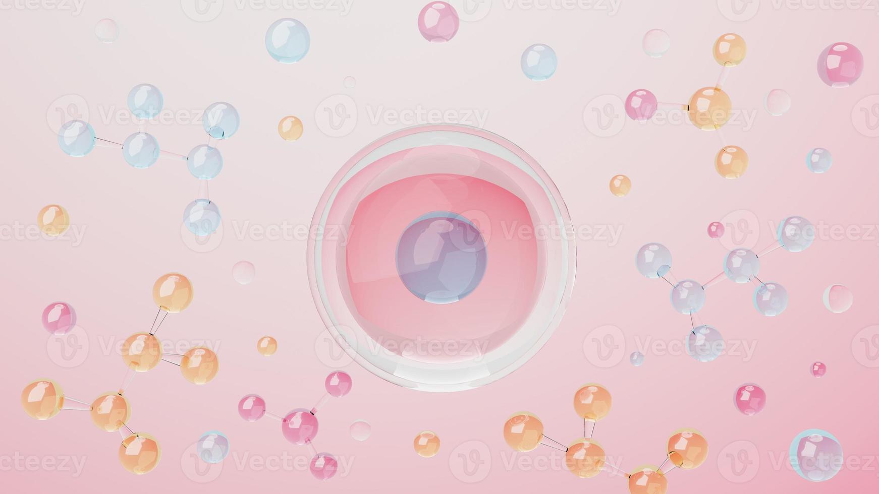 3d render of simple chemical bond in side cell or molecules. The associated of atoms, ions, bond and molecules. Liquid drop bubble background. Covalent bond. Biochemical interaction. photo